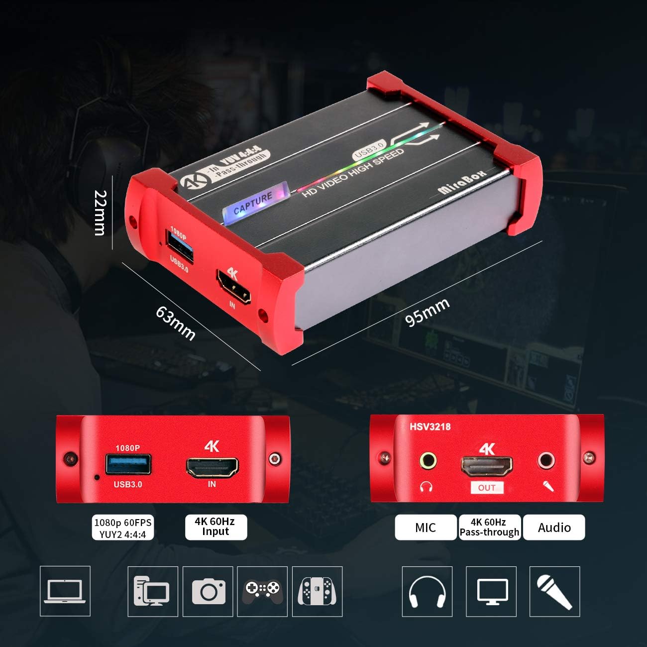 Mirabox Tarjeta de captura 4K para Nintendo Switch con entrada de 4K a 60Hz y paso, 1080P 60FPS USB3.0 transmisión en vivo y grabación, Camlink para