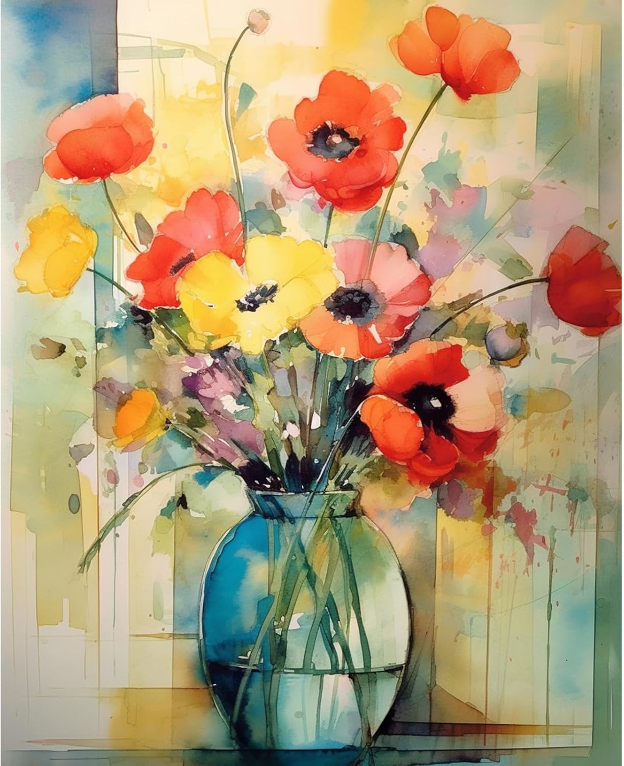 Tucocoo Kits de pintura floral de amapola por números con pinceles y pigmento acrílico sobre lienzo para adultos, hermosos jarrones, flores,