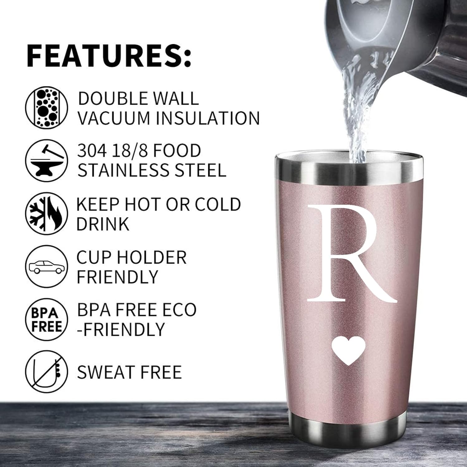 Calltoge Regalos iniciales personalizados, vaso de viaje de acero inoxidable de 20 onzas, taza insultada de oro rosa, regalo de boda, dama de honor,