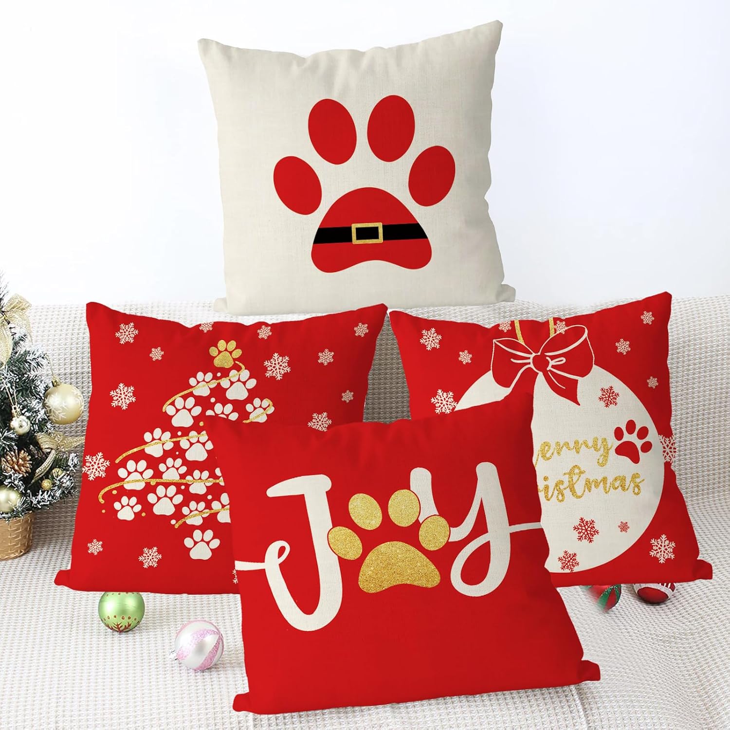 GAGEC Fundas de almohada navideñas de 18 x 18 pulgadas, color rojo, con patas de perro, fundas de almohada de invierno para decoración del hogar,