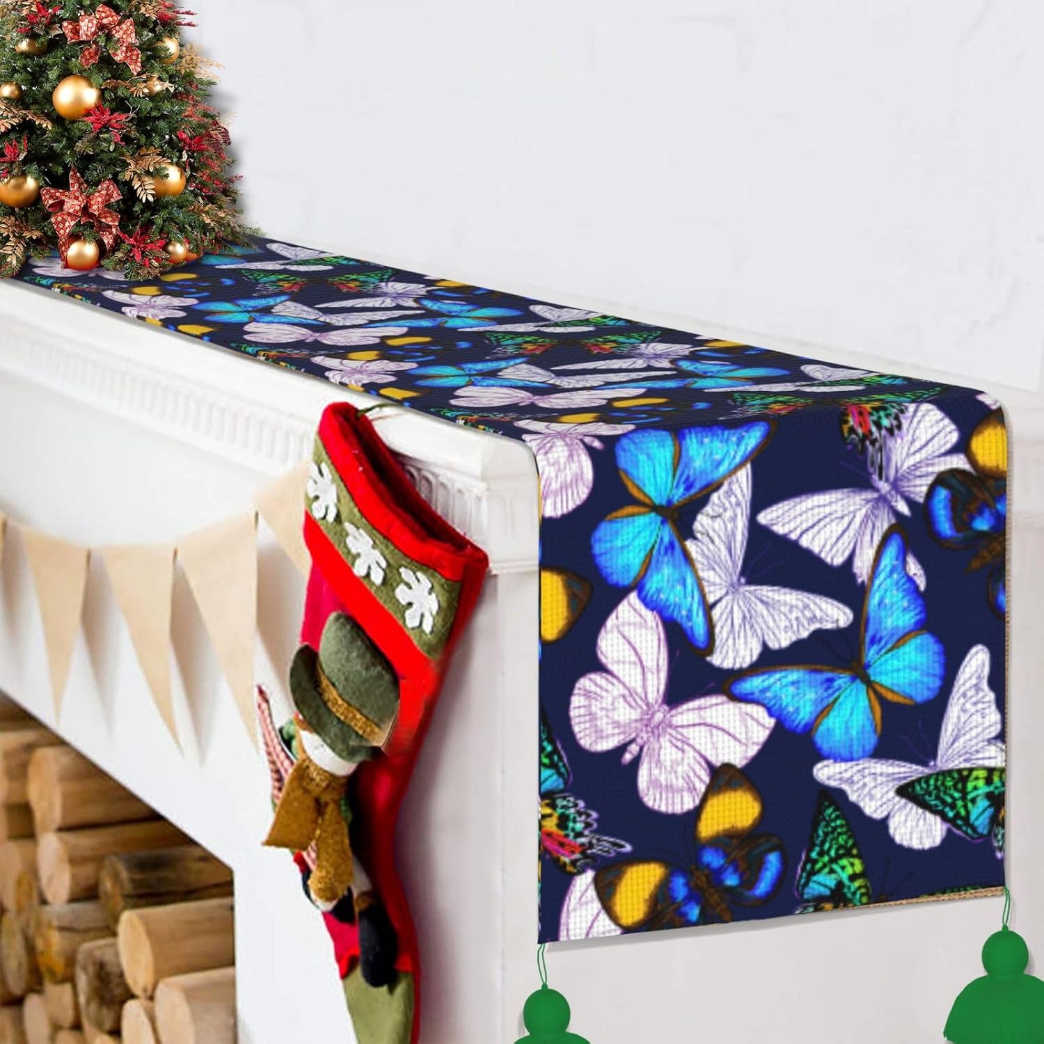 Camino de mesa de Navidad con mariposas azules, decoración de mesa de comedor, decoración de Navidad, decoración de interiores del hogar, caminos de