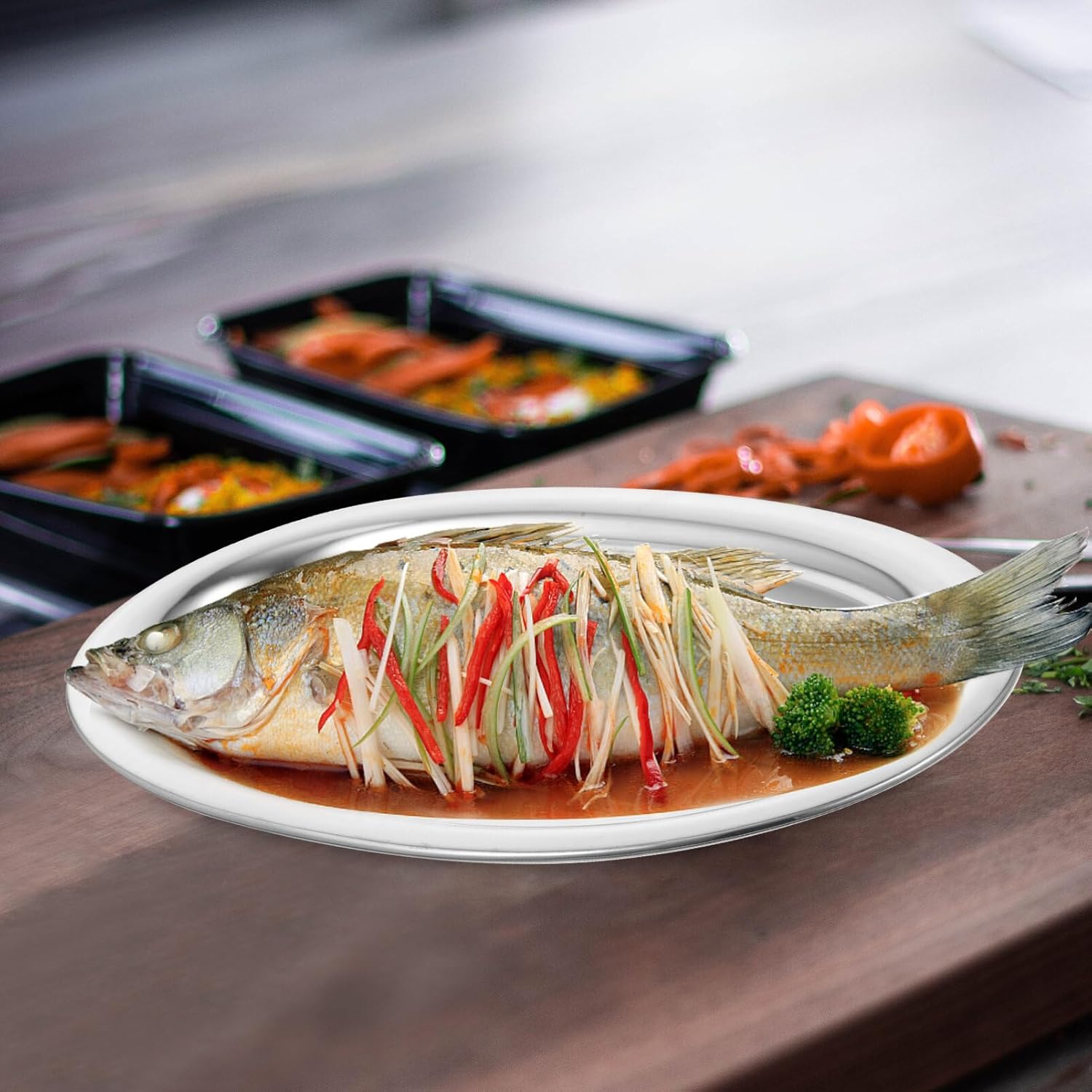 Hemoton Sizzle – Plato ovalado de acero inoxidable, plato de metal para servir alimentos al vapor, postre de carne, plato de sushi, plato, plato,