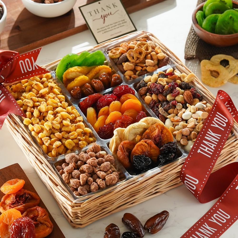 Broadway Basketeers Cesta de regalo de frutas secas y nueces de agradecimiento de lujo, un regalo de agradecimiento saludable de primera calidad,
