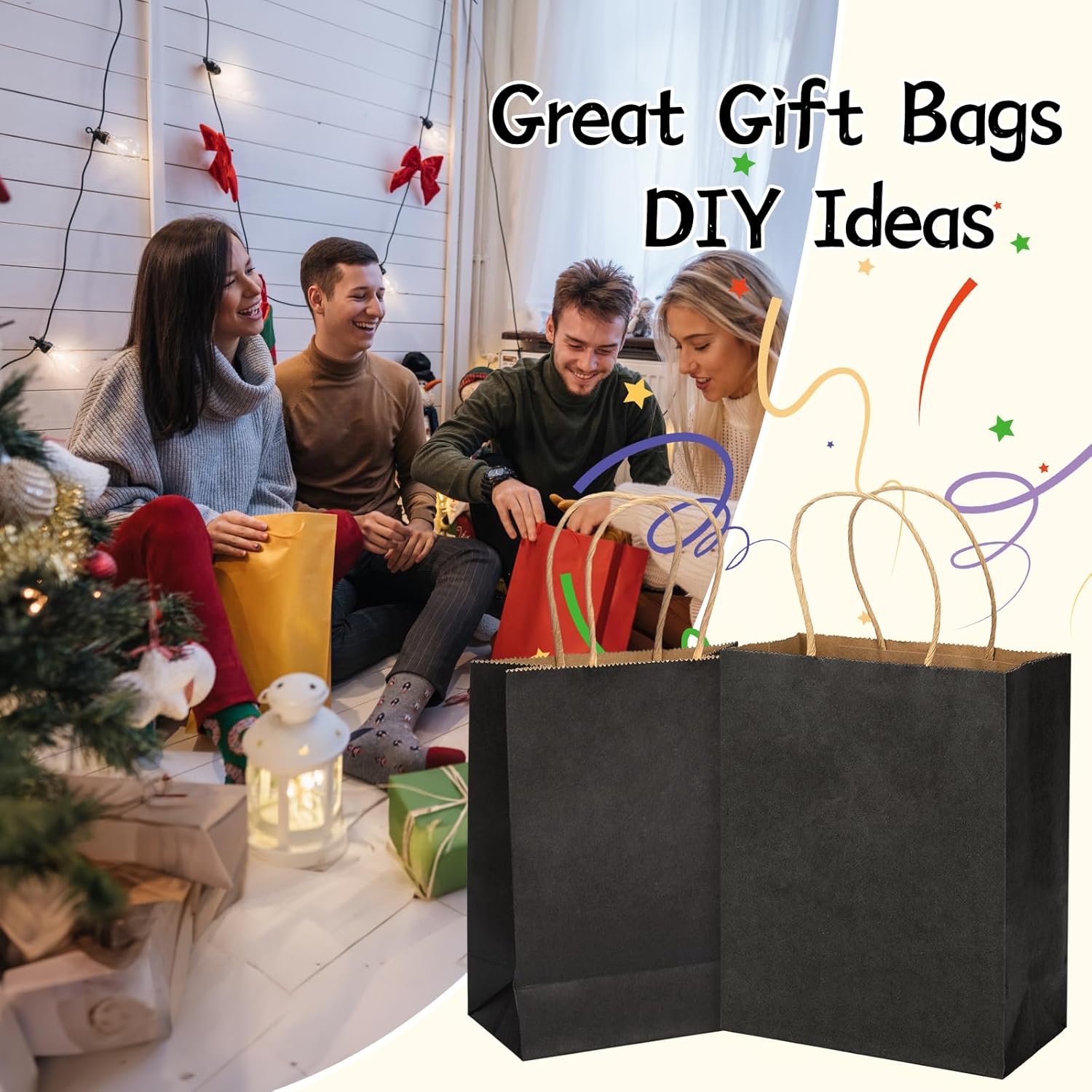 Paquete de 100 bolsas de regalo negras de 10.5 x 8.5 x 4.5 pulgadas, bolsas de papel con asas, bolsas de papel, bolsa de regalo de cumpleaños,