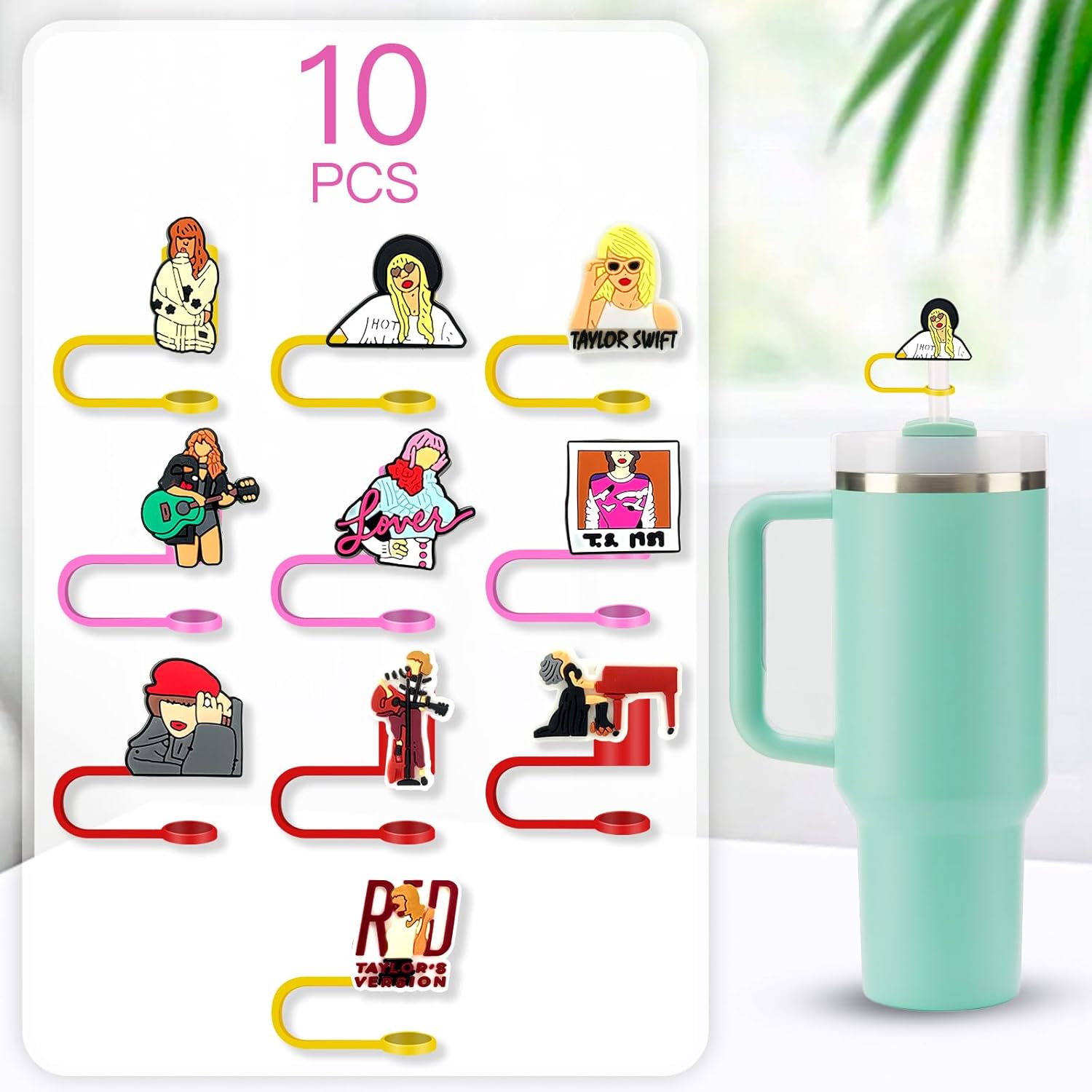 10 vasos con popote para vaso o vaso con diseño popular de cantante de 0.394 pulgadas, protectores reutilizables con puntas de popote para