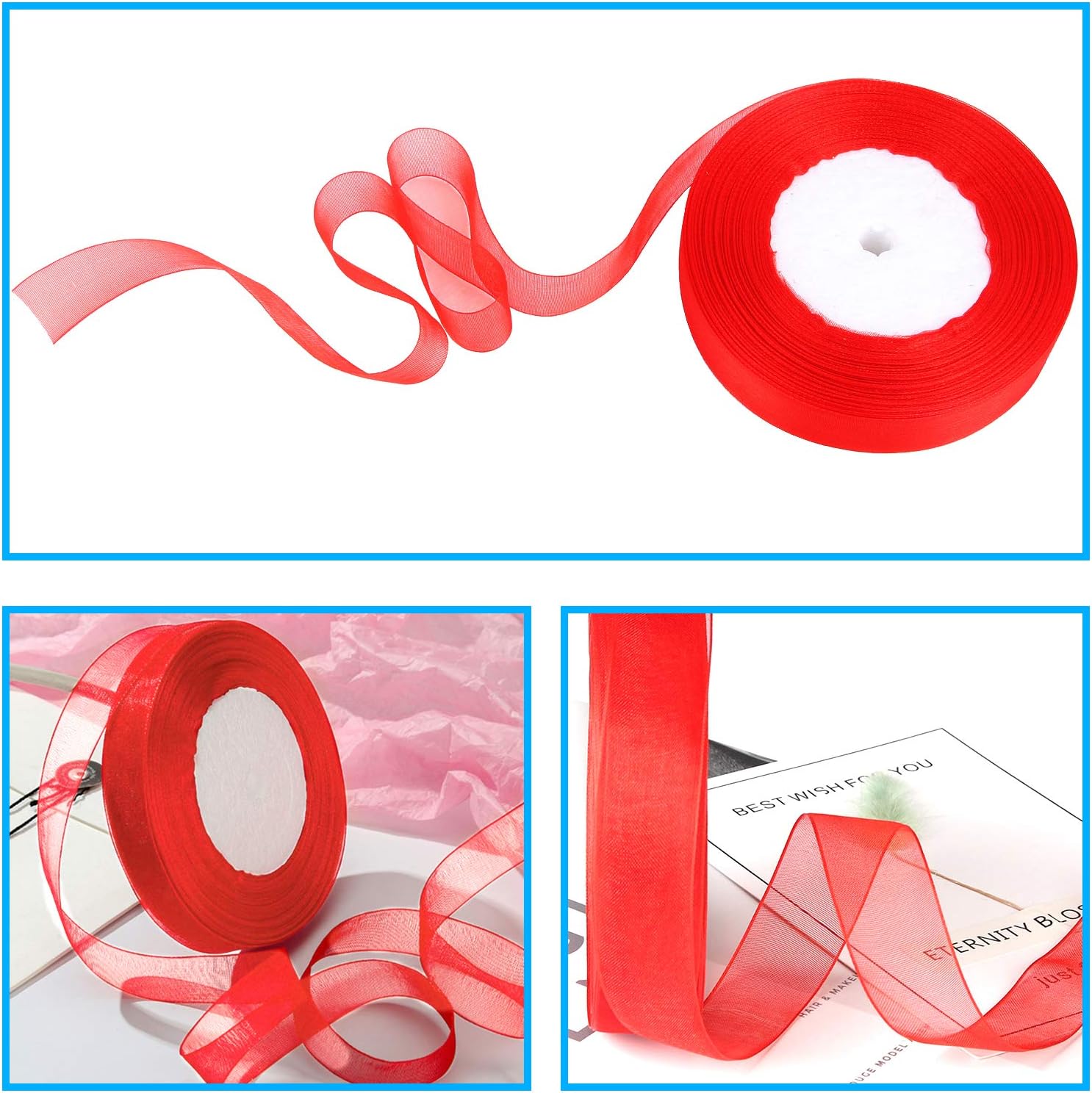 DECYOOL 2 rollos de cintas de organza de Navidad de 100 yardas de 0.8 pulgadas de ancho para decoración de envoltura de regalos, rojo y verde