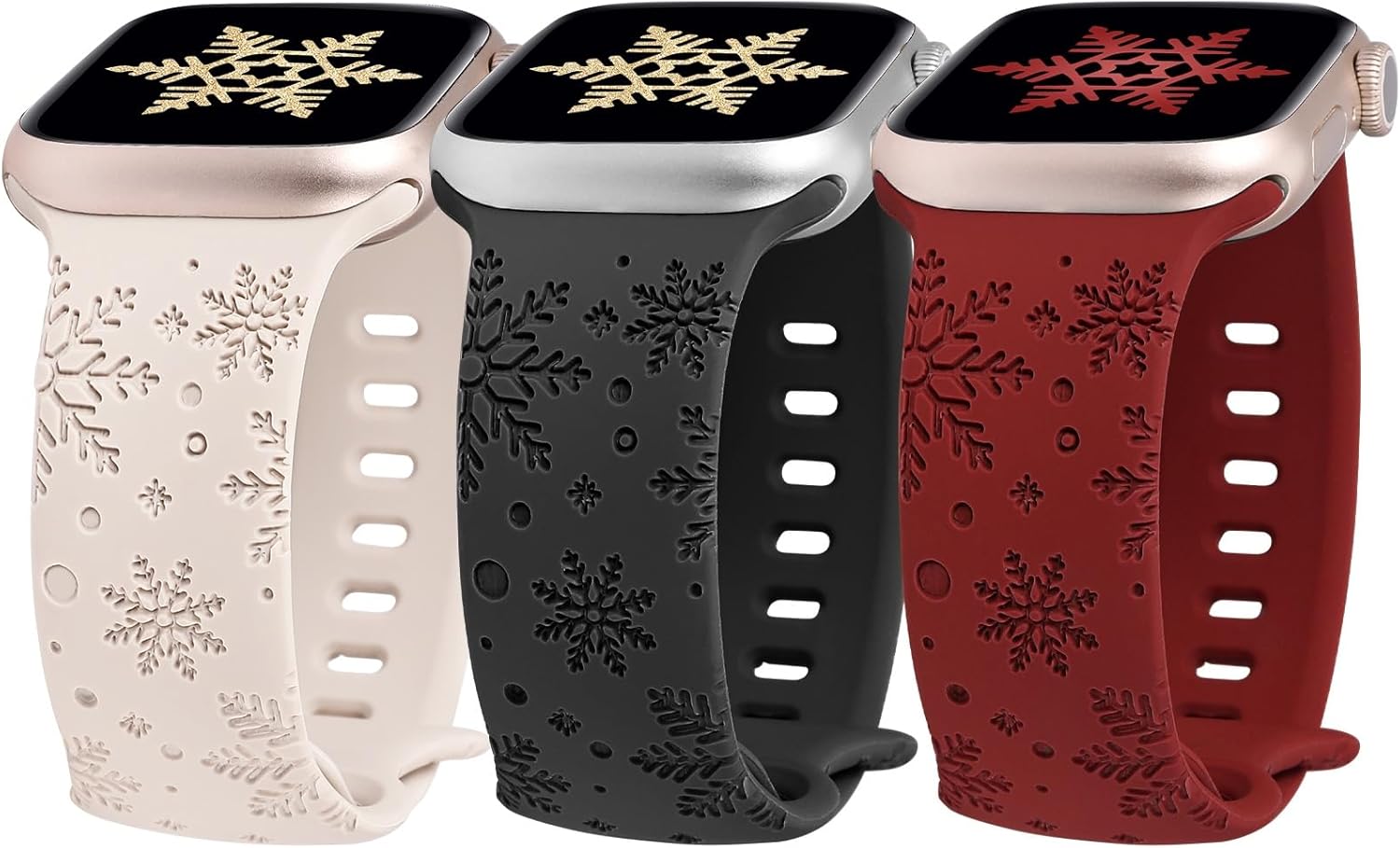 Wearlizer Paquete de 3 bandas grabadas con copos de nieve compatibles con Apple Watch Band de 41401.496 in 4544421.929 in para mujer, correa
