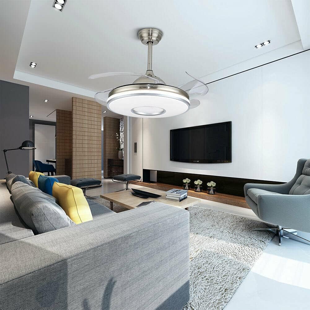 Ventilador de techo retráctil moderno plateado de 42 pulgadas con luz, luz LED retráctil de lujo de 36 W, ventilador de 3 colores y 3 velocidades