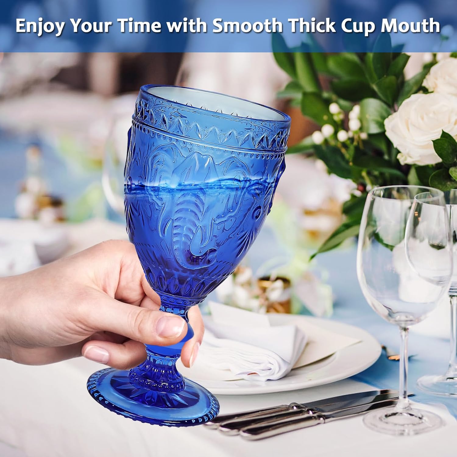 Juego de 6 copas de vino con diseño prensado de elefante, juego de 6 copas de agua de colores, vasos azules sin plomo para fiestas y bodas, 10 onzas