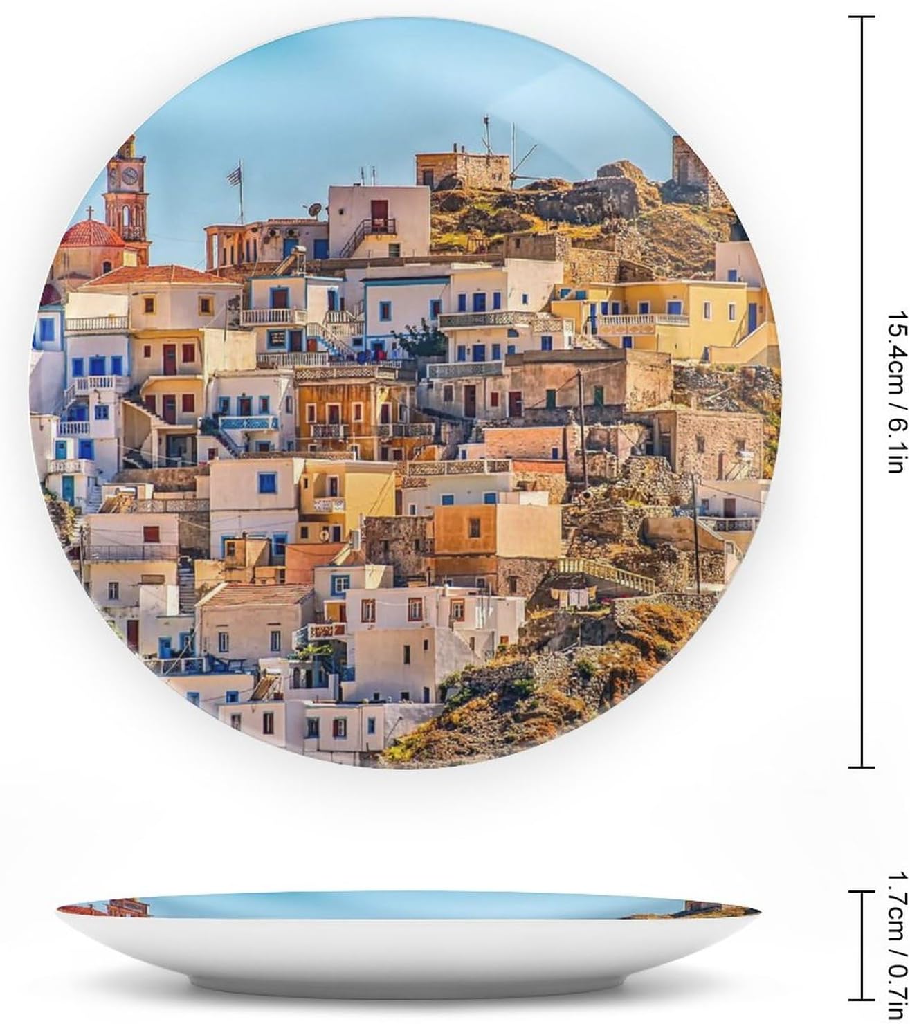 Plato colgante decorativo de paisaje de pueblo de Grecia, decoración del hogar, decoración del hogar, recuerdo, arte de pared, plato de cena de