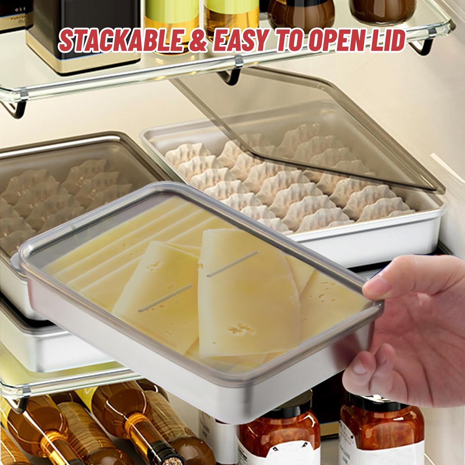 Recipiente de queso para refrigerador, contenedor de tocino para refrigerador, recipientes herméticos de acero inoxidable 304 para almacenamiento de