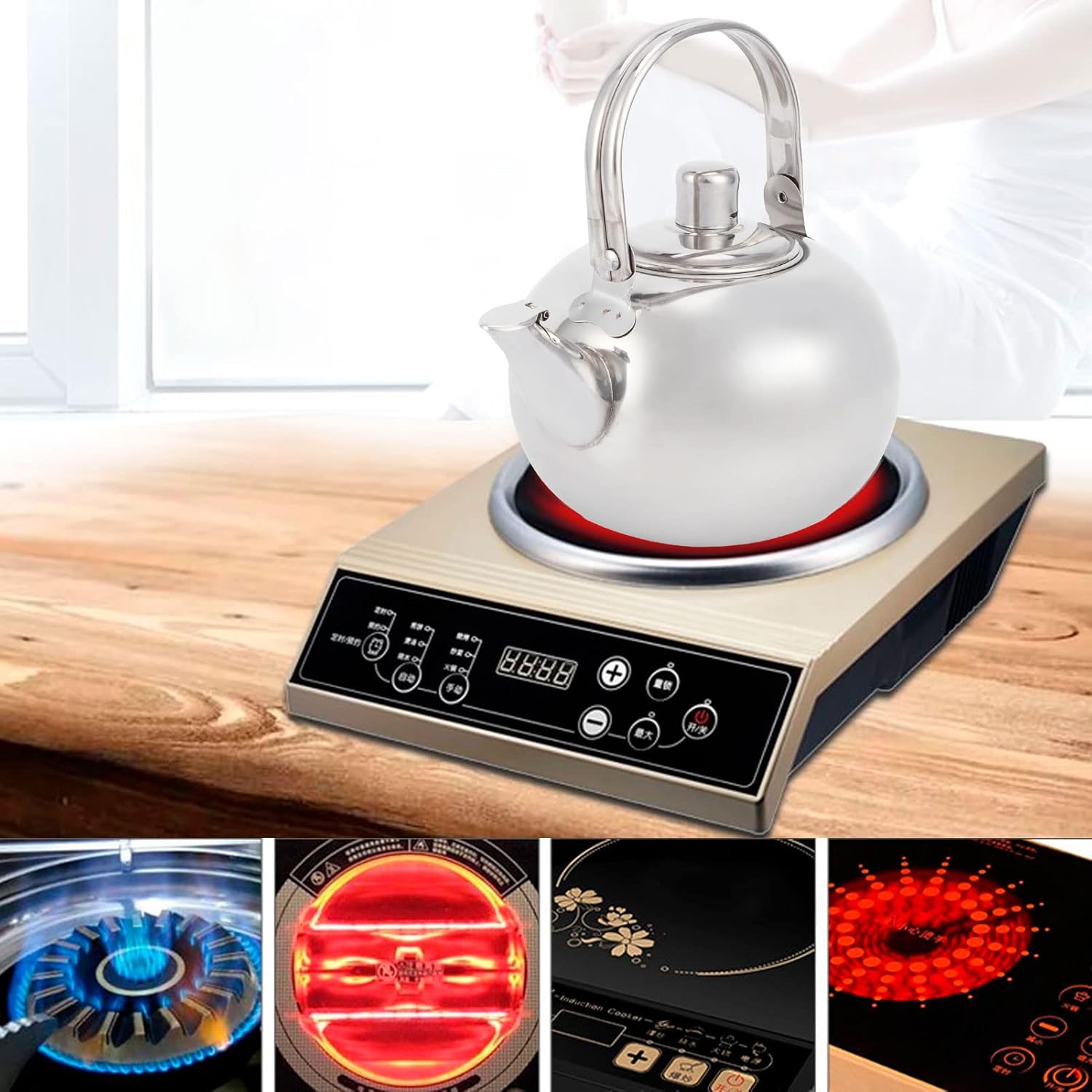 Tetera de acero inoxidable 304, tetera de té, hervidor de agua de fondo plano cocina de inducción tetera con filtro para hacer té (14CM)