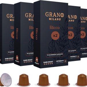 Grano Milano Coffee Pods Aluminium Ricco – 100 cápsulas de café tostado oscuro – Intensidad 1112, compatible con Nespresso* Línea original Made in Grano Milano Coffee Pods Aluminium Ricco – 100 cápsulas de café tostado oscuro – Intensidad 1112, compatible con Nespresso* Línea original Made in