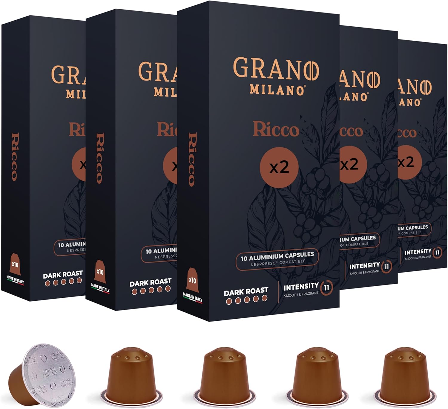 Grano Milano Coffee Pods Aluminium Ricco – 100 cápsulas de café tostado oscuro – Intensidad 1112, compatible con Nespresso* Línea original Made in