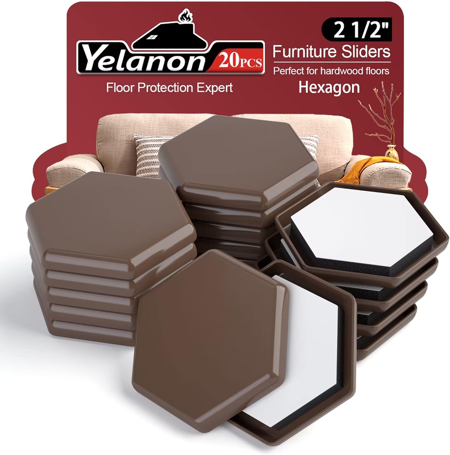 20 deslizadores de muebles hexagonales de 2 12 pulgadas para alfombras, almohadillas de muebles, suelos de madera dura, movidores de muebles