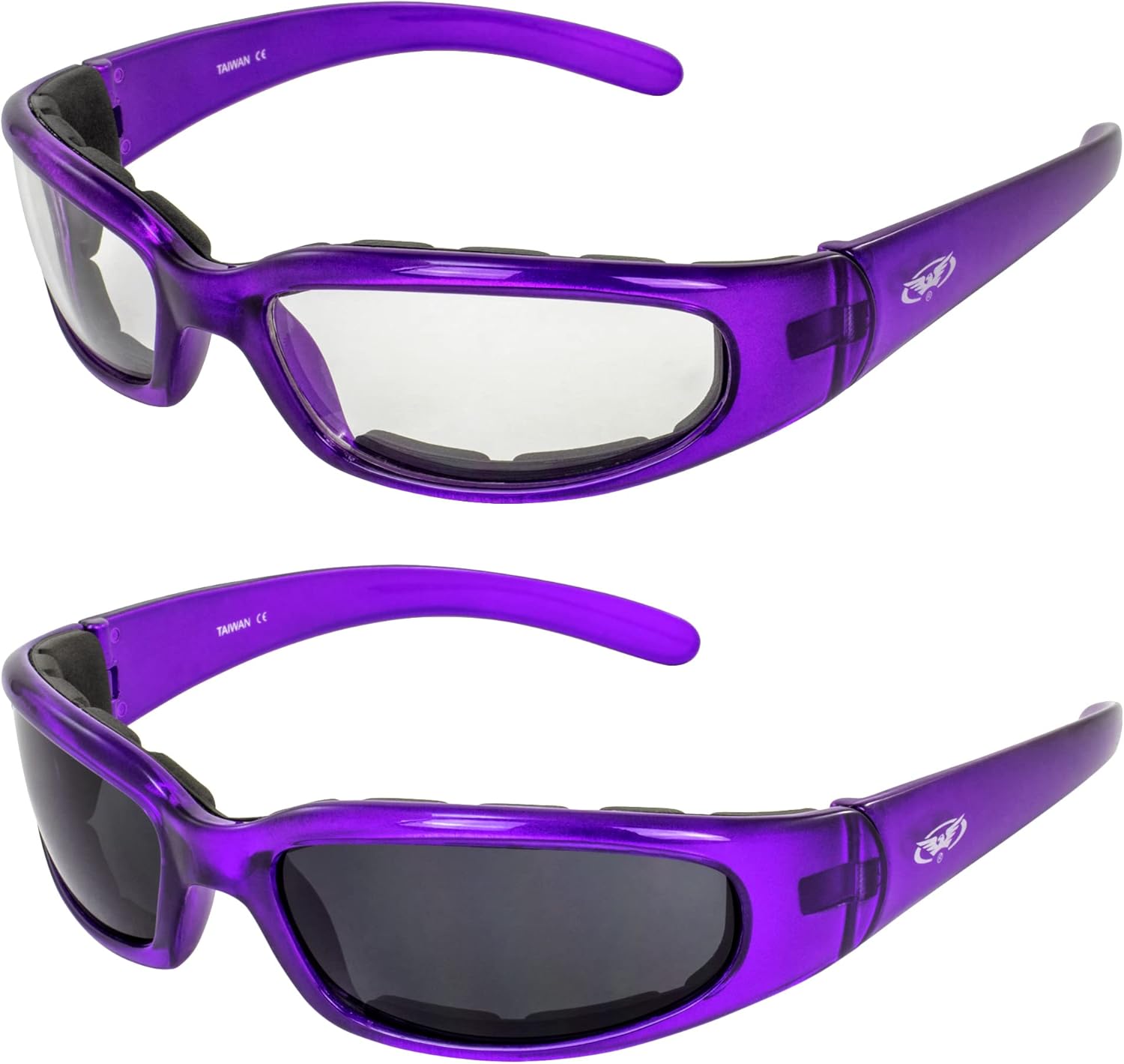 Global Vision 2 pares de gafas de sol acolchadas Chicago para mujer, resistentes a los arañazos, marco morado con lentes transparentes y súper