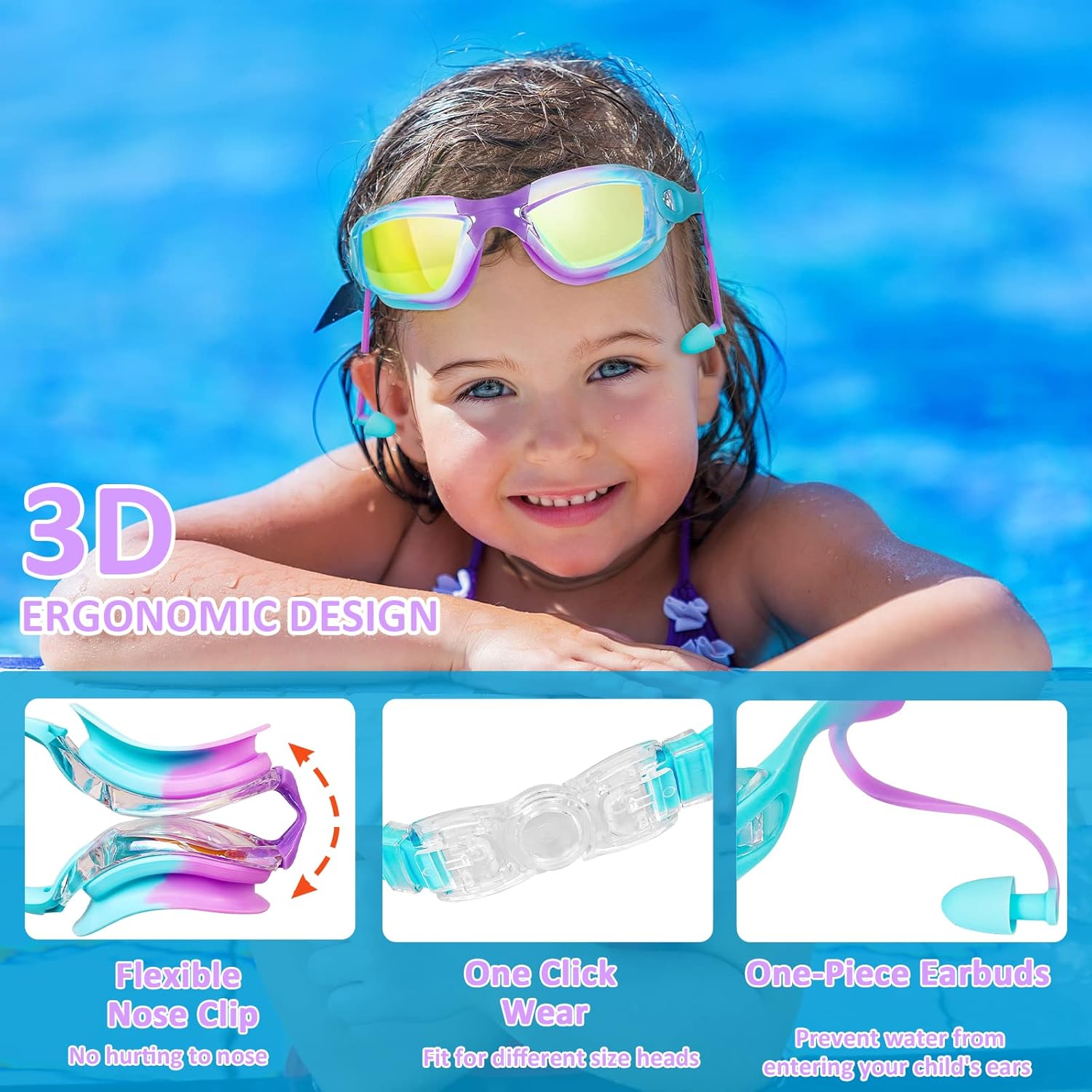 XDX Gafas de natación para niños, paquete de 2 gafas de natación para niños con protección UV, antiniebla sin fugas para niños, niñas, adolescentes