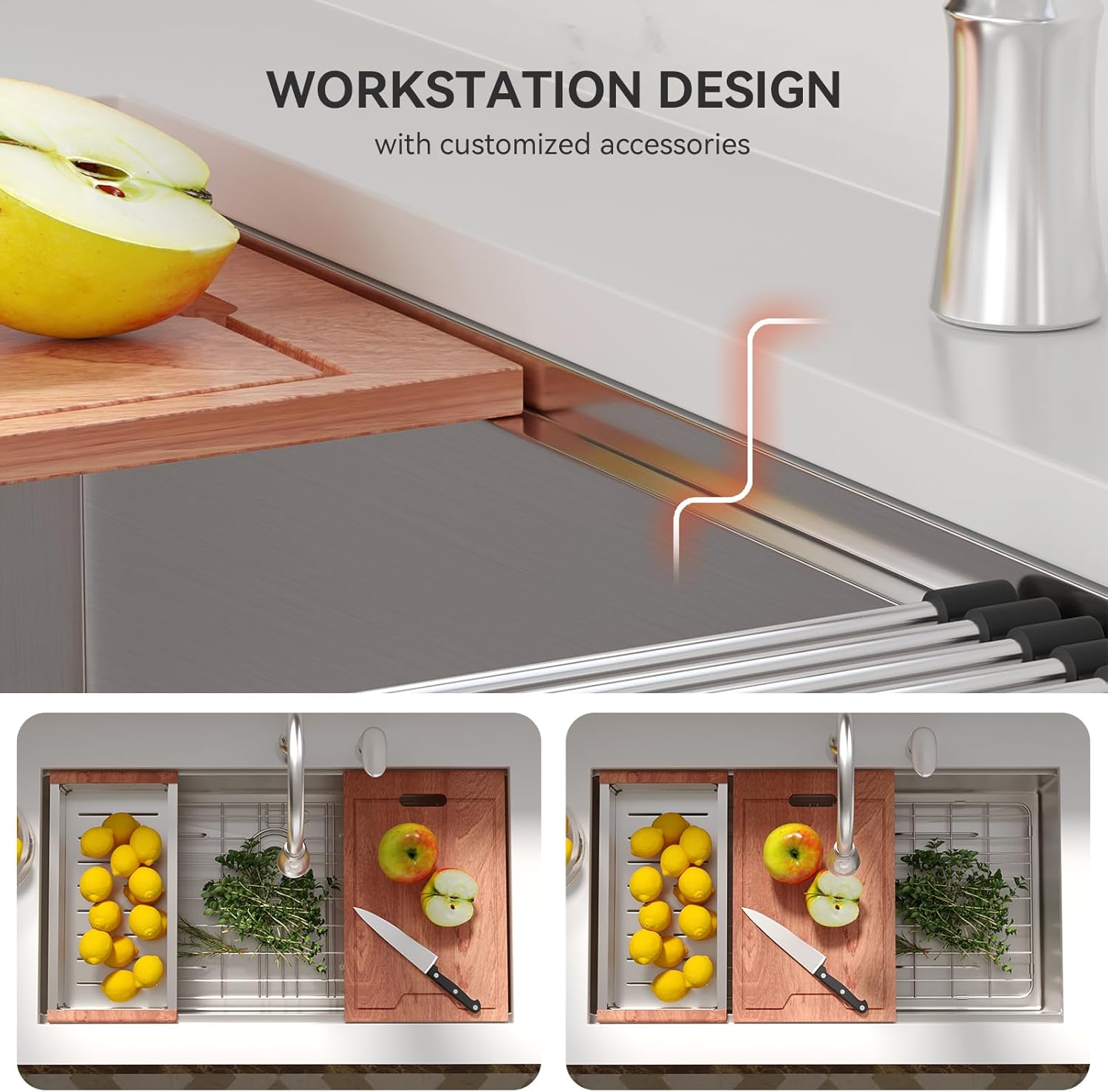 Lordear Fregadero de cocina de 33 pulgadas de montaje inferior – Fregaderos de cocina de acero inoxidable de 33 x 19 pulgadas, estación de trabajo,