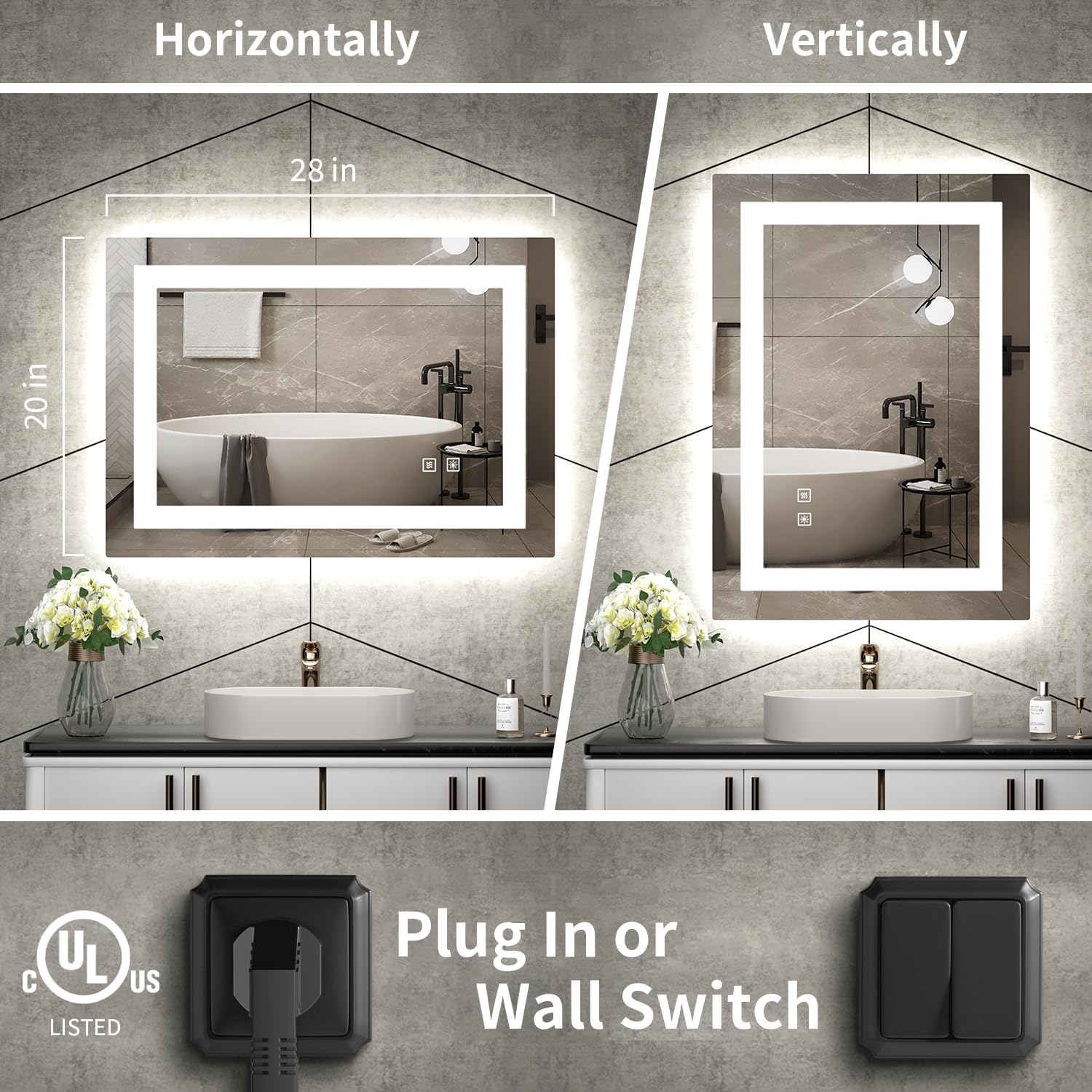 SHUAFA Espejo LED para baño, retroiluminado de 20 x 28 pulgadas + espejo de tocador de baño iluminado frontal con luces, tiras de luz dobles, 3