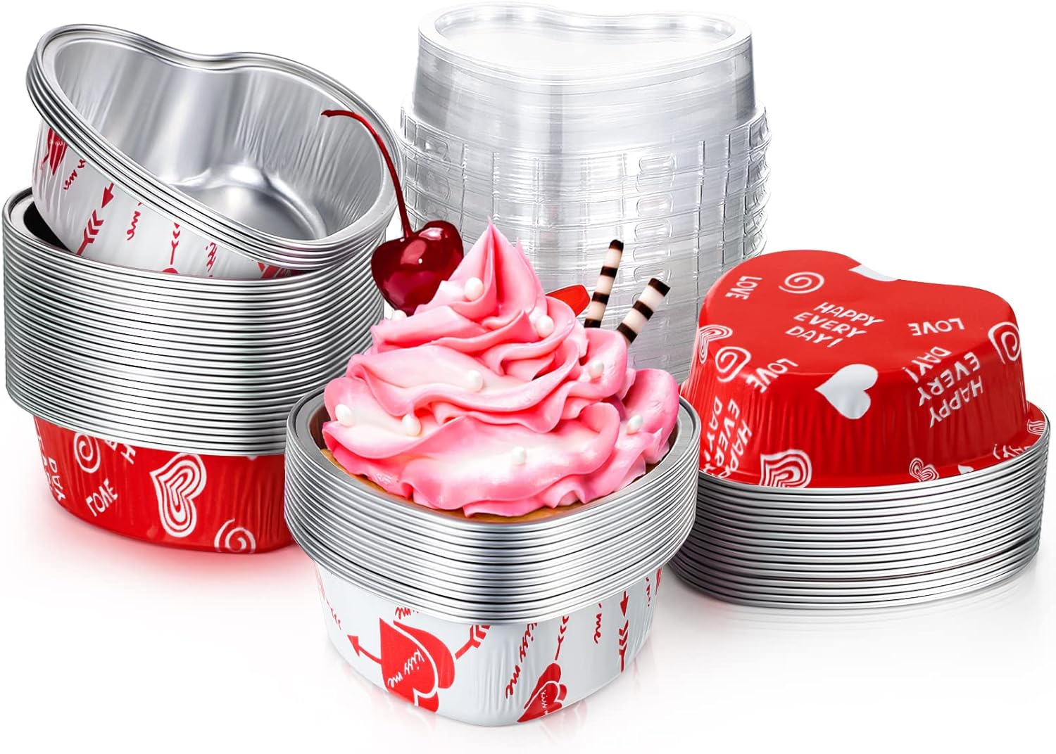 50 juegos de moldes para tartas en forma de corazón de San Valentín con tapas, de papel de aluminio, moldes para cupcakes de 3.4 onzas, mini moldes