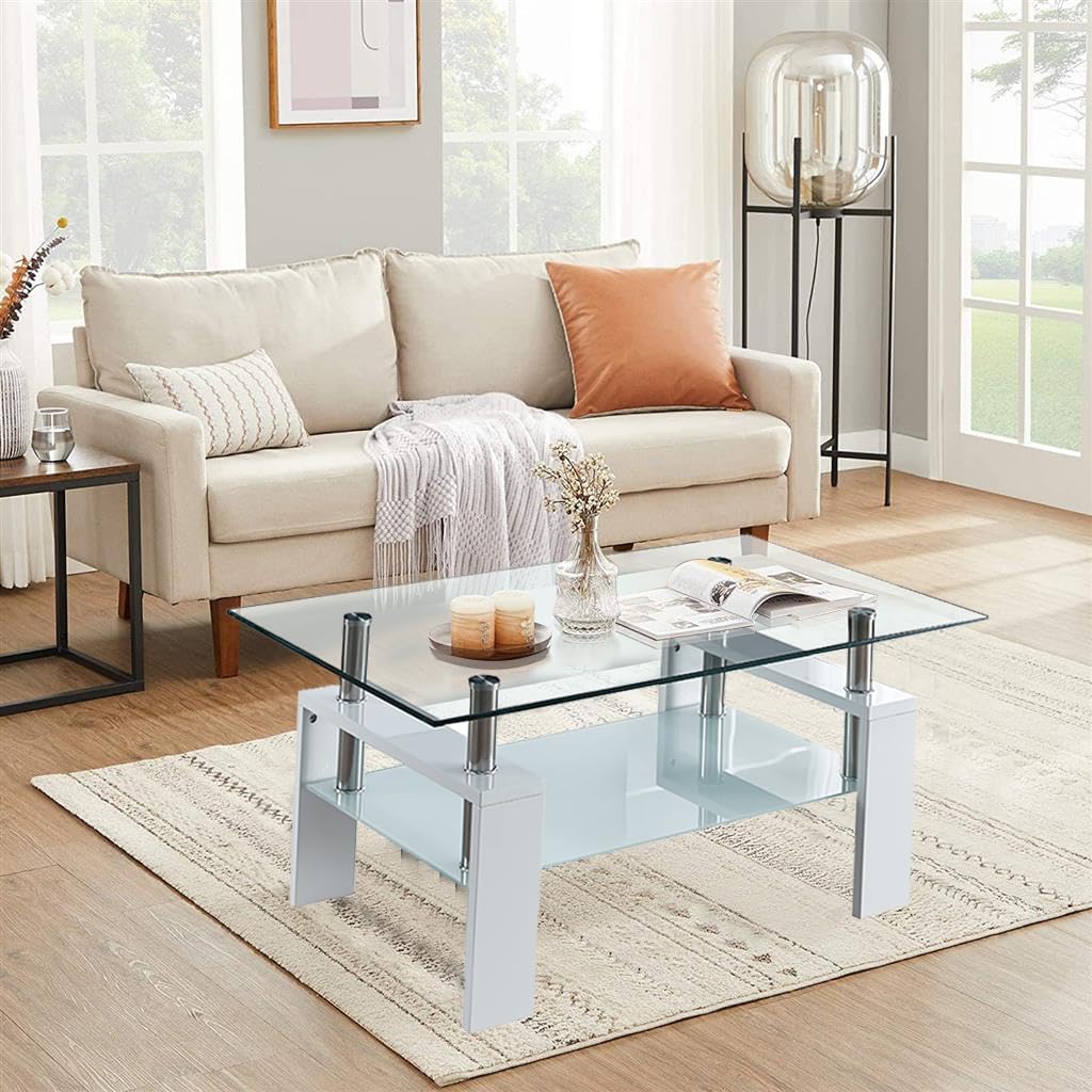 Mesa de centro rectangular de vidrio de 37 pulgadas, mesa de centro lateral blanca moderna con estante inferior, mesa de centro de doble capa con