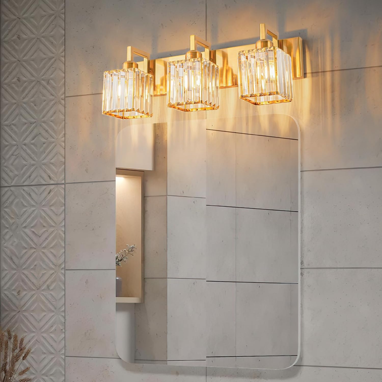 Moderna lámpara de cristal para tocador de baño, 3 luces, acabado de latón cepillado dorado, lámpara de pared moderna de cristal para baño,