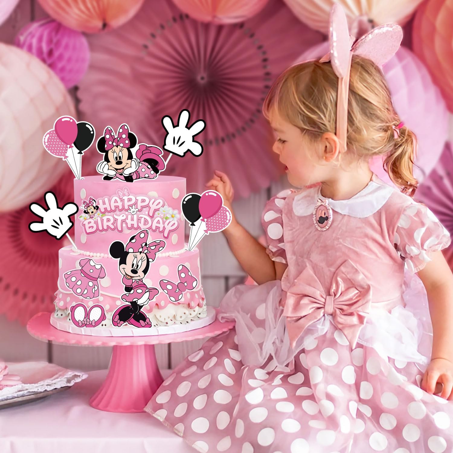 EnlSinr 9 piezas de decoración de pastel de Minnie rosa para niñas, lazo rosa y guantes blancos, decoración de cumpleaños de ratón, decoración de