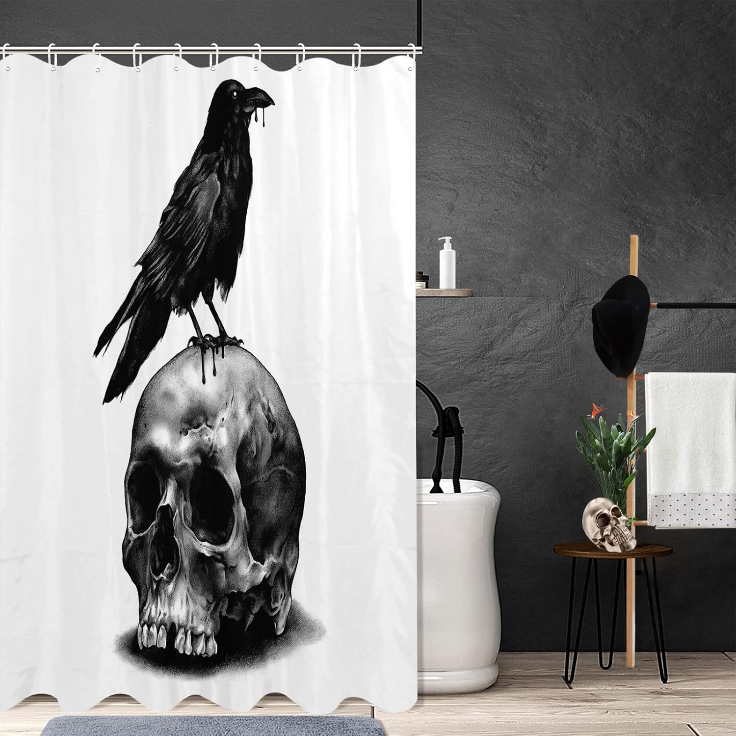 JOOCAR Cortina de ducha de calavera de Halloween, diseño de esqueleto aterrador de terror, decoración de baño de Halloween, juego de cortina de