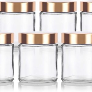 Tarro recto de vidrio transparente de 4 oz 4.1 fl oz con tapa de metal dorado (paquete de 6) Tarro recto de vidrio transparente de 4 oz 4.1 fl oz con tapa de metal dorado (paquete de 6)