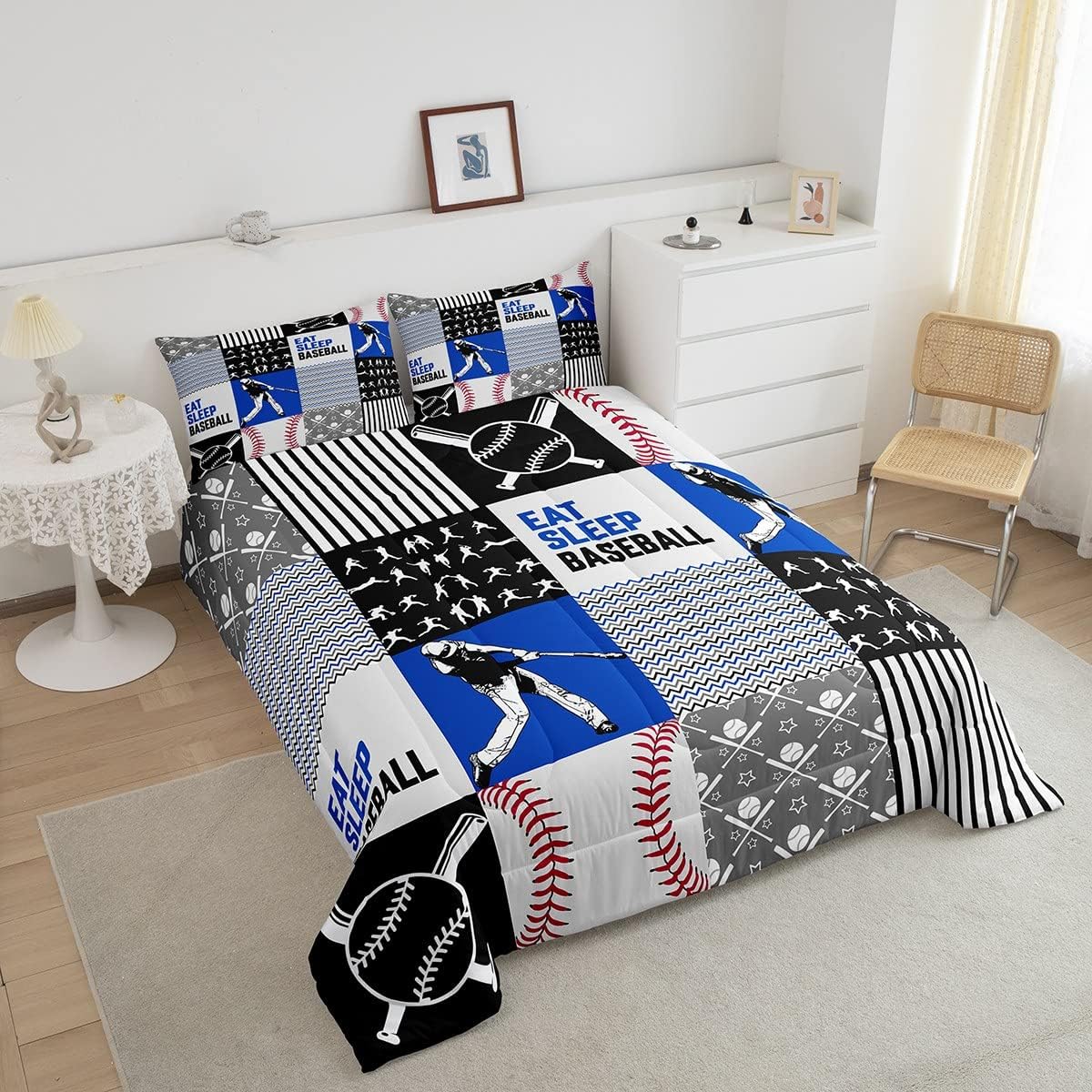 Erosebridal Juego de edredón de béisbol tamaño Queen, juego de ropa de cama de béisbol para niños, edredón cálido de pelotas de bate de béisbol,