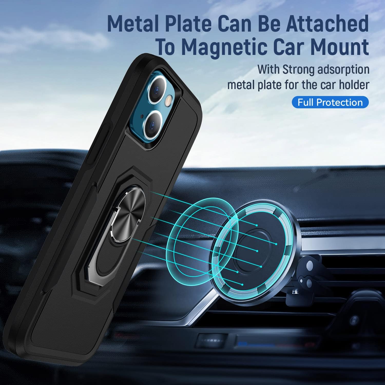 Funda para iPhone 13 Mini 5G con soporte de anillo giratorio de 360 integrado, funda magnética a prueba de golpes para iPhone 13 Mini 5G – (negro)