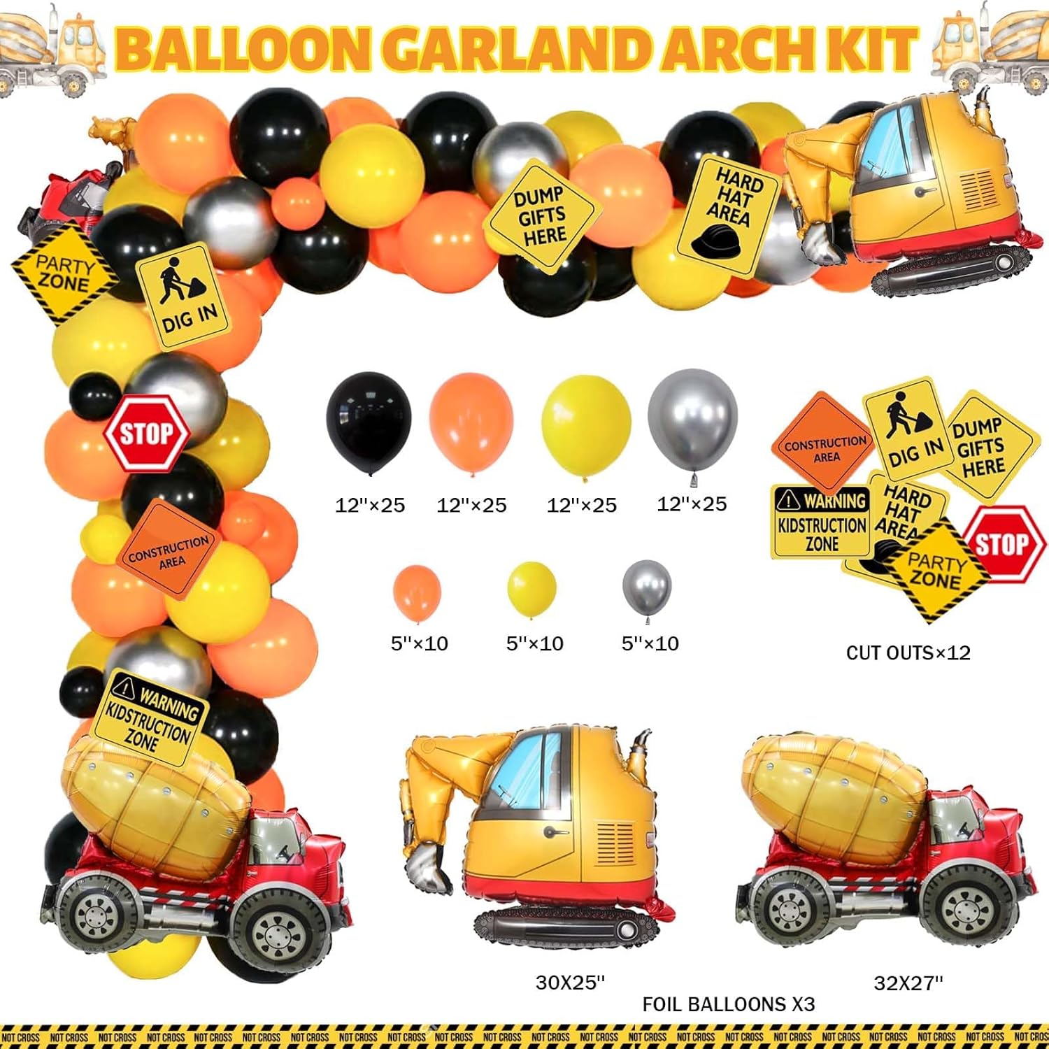 157 piezas de decoración de fiesta de cumpleaños de construcción, camión volquete de Hombae excavadora, tema de zona de cumpleaños, telón de fondo,
