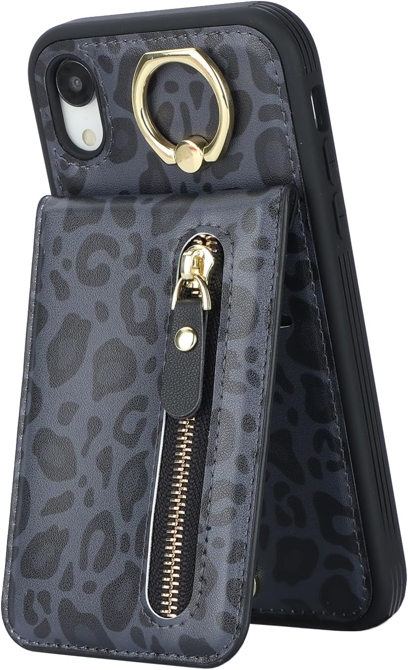Funda para iPhone XR para mujer, funda para iPhone XR con tarjetero con tarjetero con soporte para tarjeta de crédito con anillo, cierre de