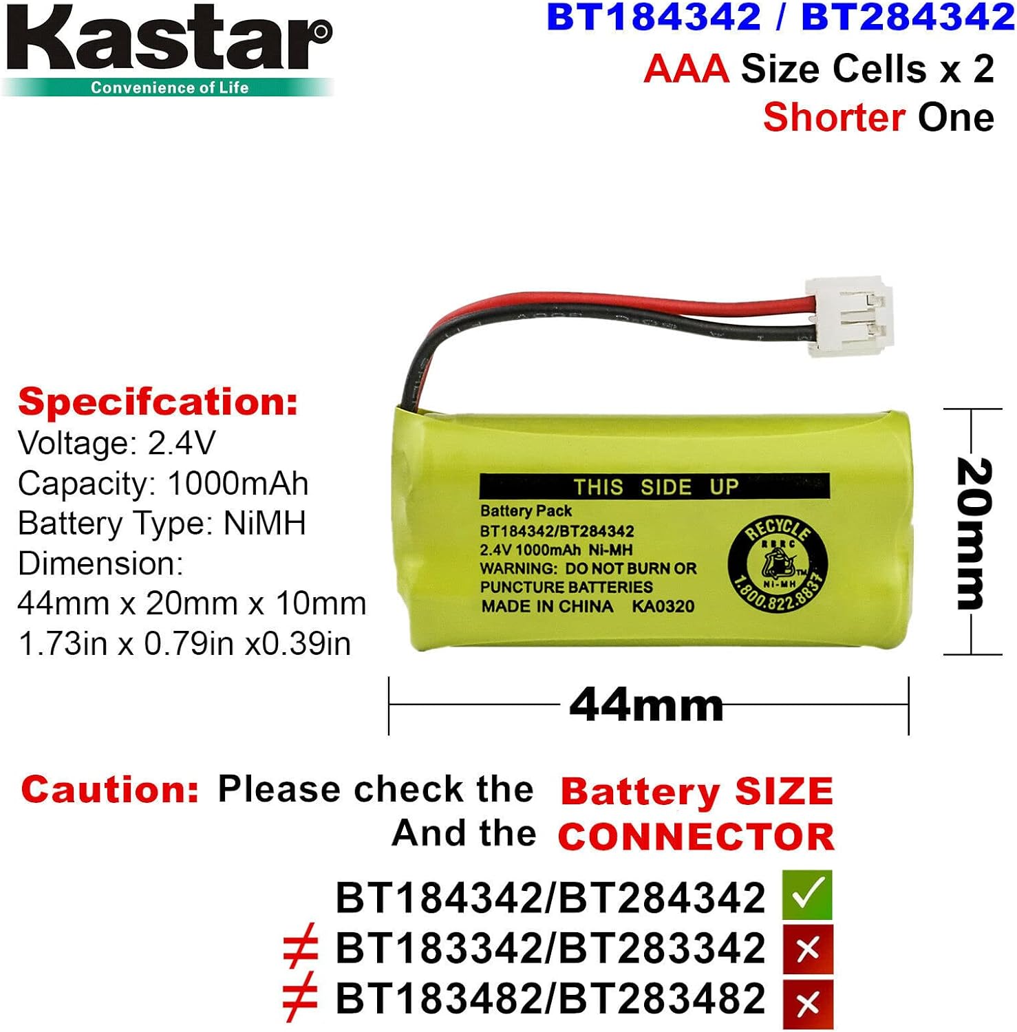 Kastar Paquete de 2 baterías de repuesto BT184342BT284342 para AT&T BT6010 BT-6010 BT8000 BT-8000 BT8001 BT-8001 BT8300 BT-8300 BT18433 BT-18433