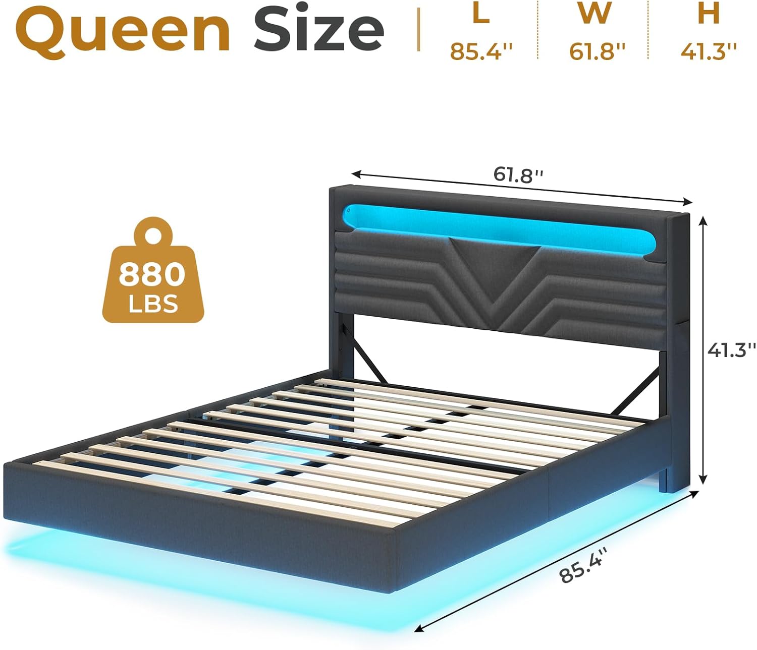 Base de cama flotante Queen con cabecera de almacenamiento y luces LED, base de cama tapizada tamaño Queen con estación de carga tipo C y USB,