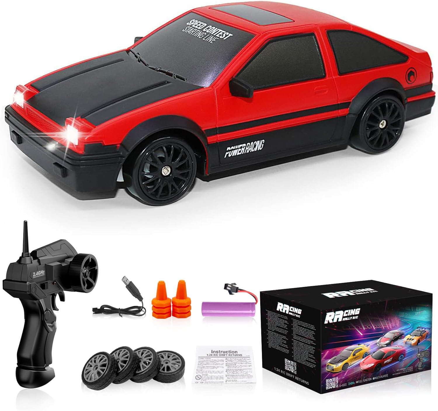 Coche de control remoto RC Drift Car 2.4GHz escala 124 4WD de alta velocidad RC Vehículo con luces LED, baterías y neumáticos a la deriva, autos de
