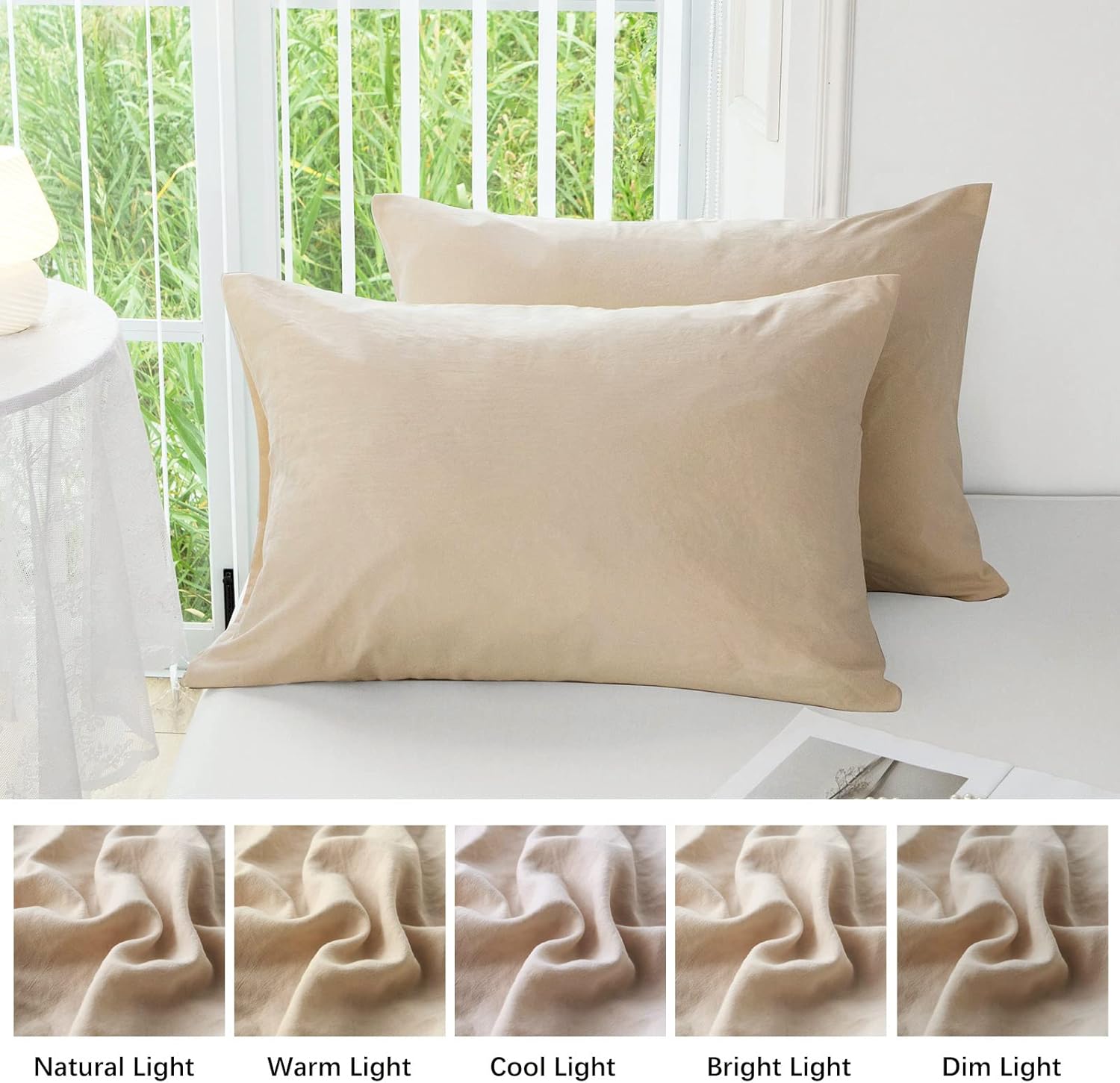 MILDLY Funda de almohada súper suave tamaño Queen  Fundas de almohada ligeras de microfibra lavada de 20 x 30 pulgadas, color caqui claro, 2
