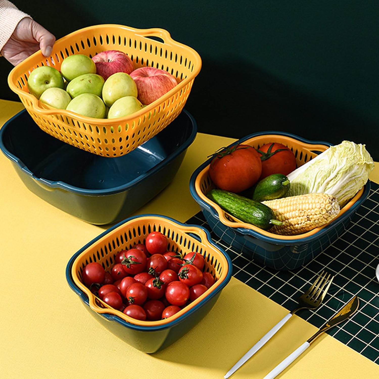 Lavabo de cocina de seis piezas en cesta de doble capa, cesta de lavado de plástico multifuncional para verduras y frutas, para el hogar y la cocina