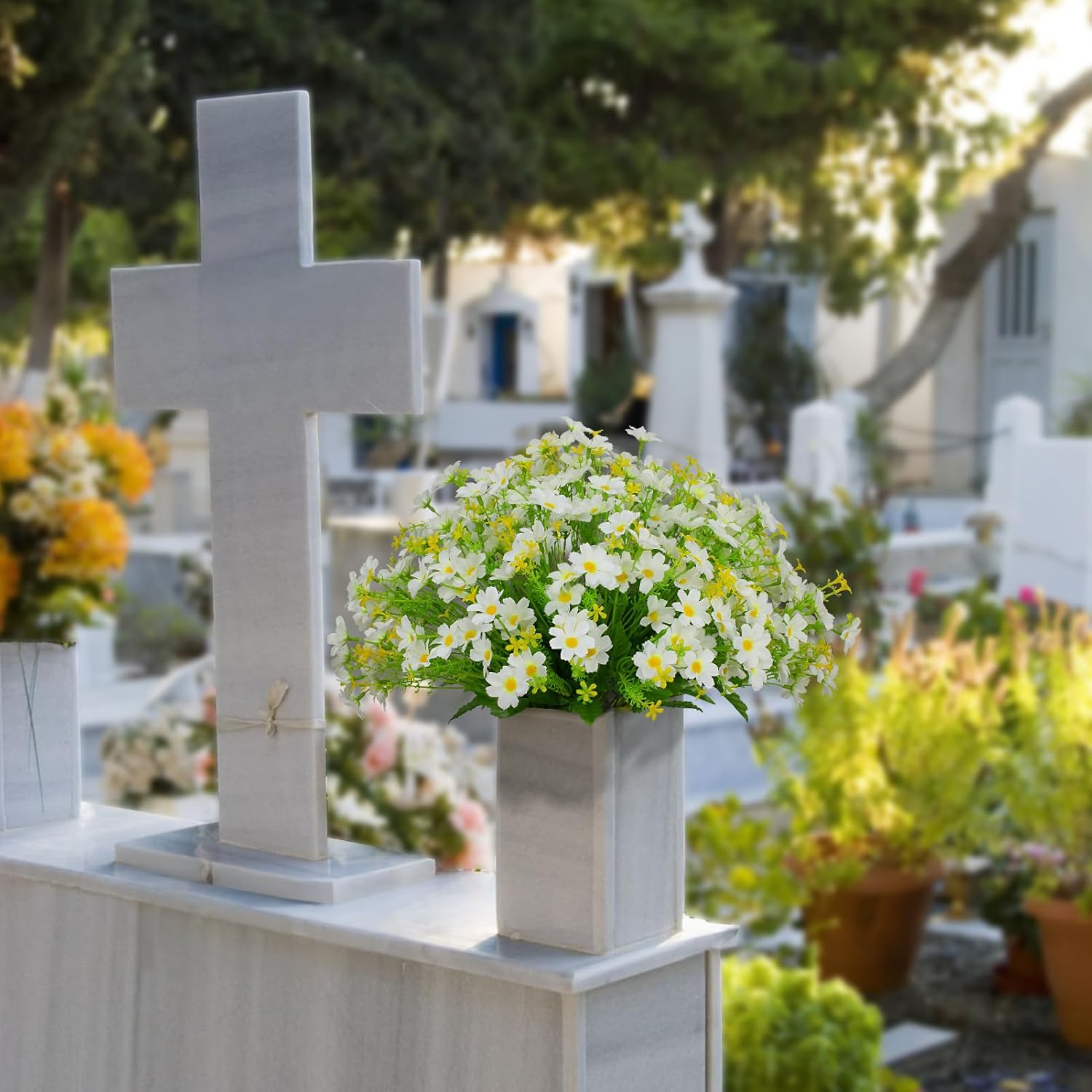 Margarita artificial, 8 paquetes de flores para mamás, plantas resistentes a los rayos UV, flores de seda falsas que no se decoloran, arbustos