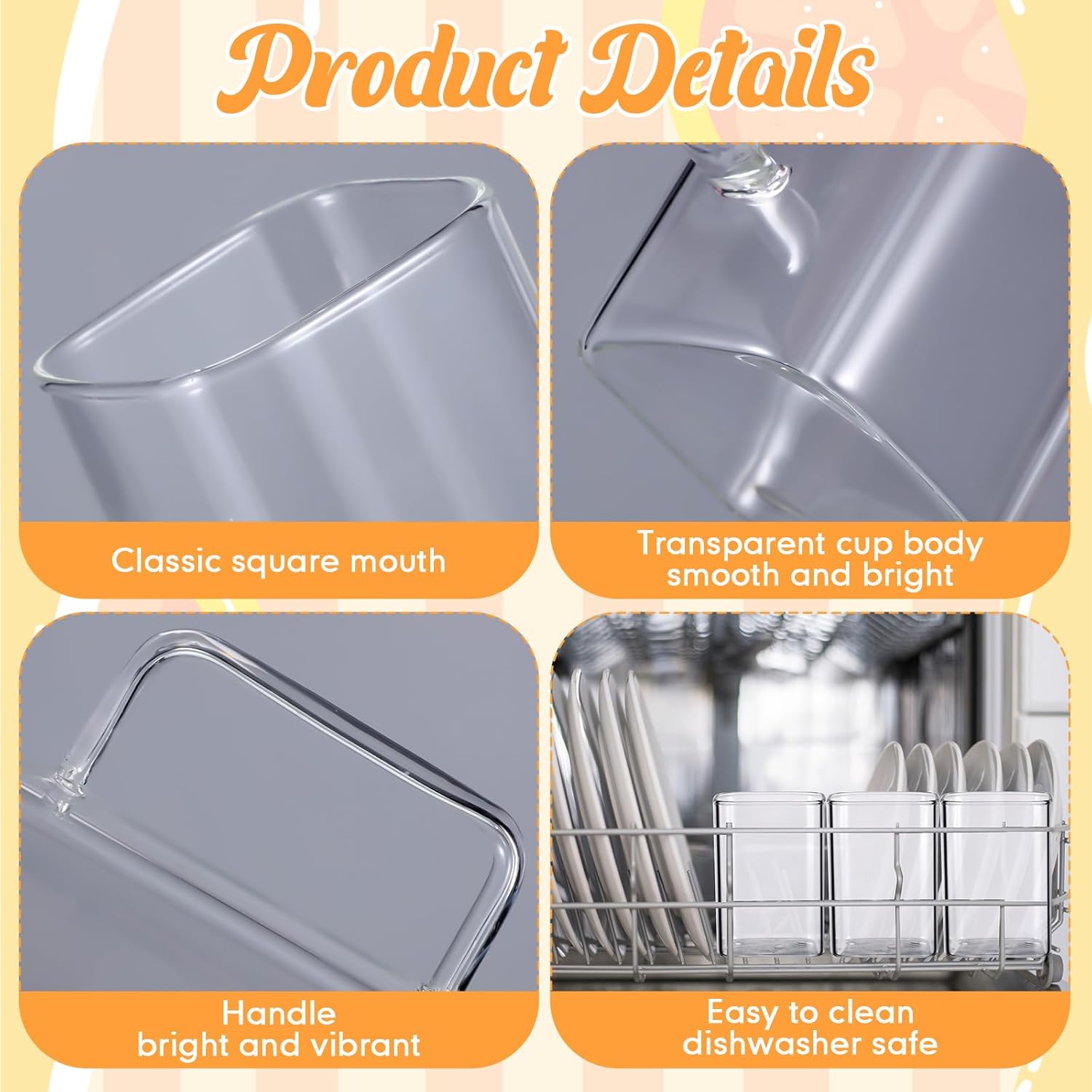 Gejoy 6 tazas cuadradas de vidrio con pajitas, vasos de cóctel finos y bonitos, vasos de café helado portátiles con asa y cepillos para pajilla,