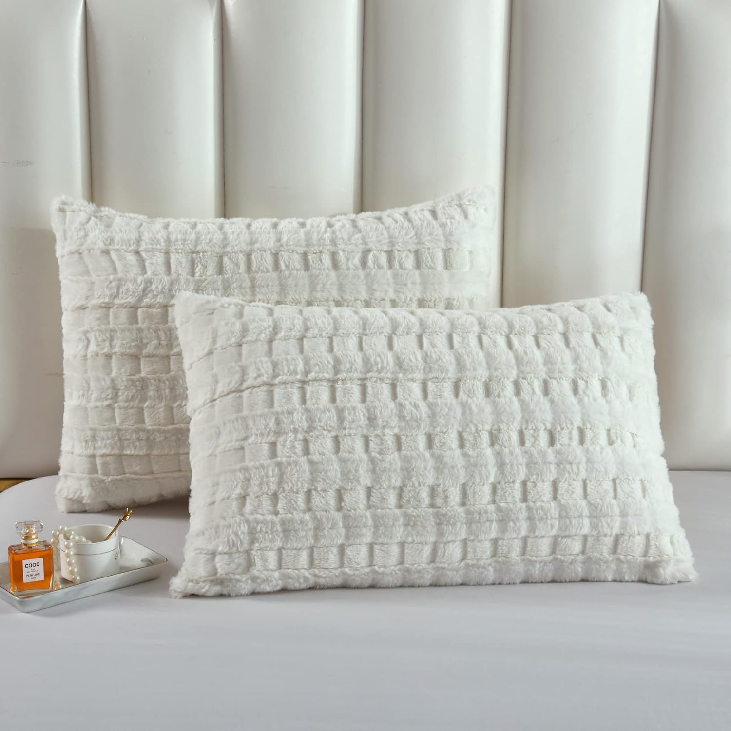 Funda de almohada de piel sintética esponjosa a cuadros, fundas de almohada decorativas de felpa esponjosa (King, beige)