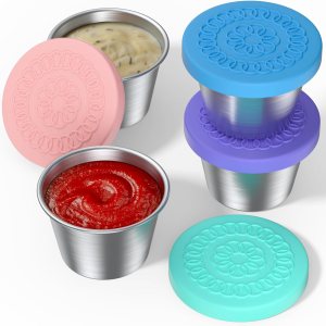 Paquete de 4 recipientes para aderezo de ensalada, recipientes pequeños de 2.4 onzas con tapas, cabe en la lonchera Bento, recipientes de salsa a Paquete de 4 recipientes para aderezo de ensalada, recipientes pequeños de 2.4 onzas con tapas, cabe en la lonchera Bento, recipientes de salsa a