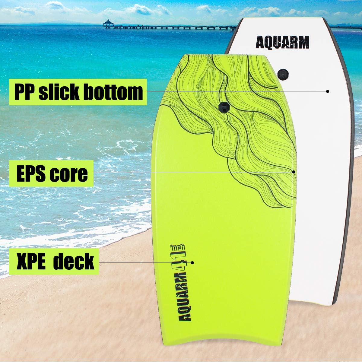 XPE Bodyboard de 33 pulgadas, 36 pulgadas, 41 pulgadas, con correa de muñeca de alta calidad y correas de aleta, parte inferior súper ligera y lisa,