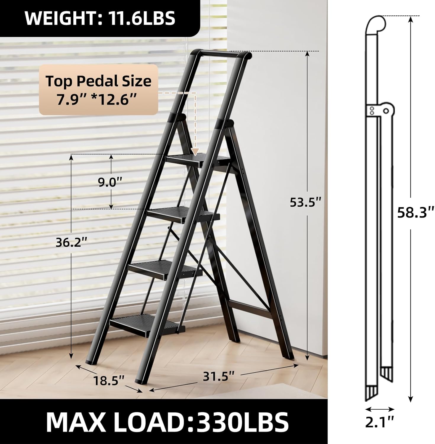GameGem Escalera de 4 escalones, taburete plegable de aluminio con pedal antideslizante resistente y ancho, escalera de mano ligera y portátil con