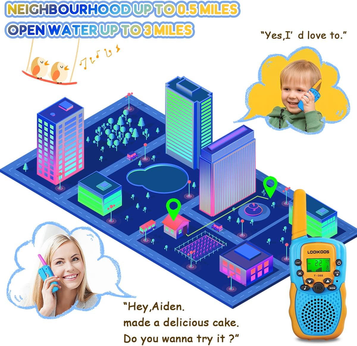 LOOIKOOS Walkie Talkies para niños, radio Walky Talky de largo alcance de 1.9 mi de juguete para niños y niñas, paquete de 3