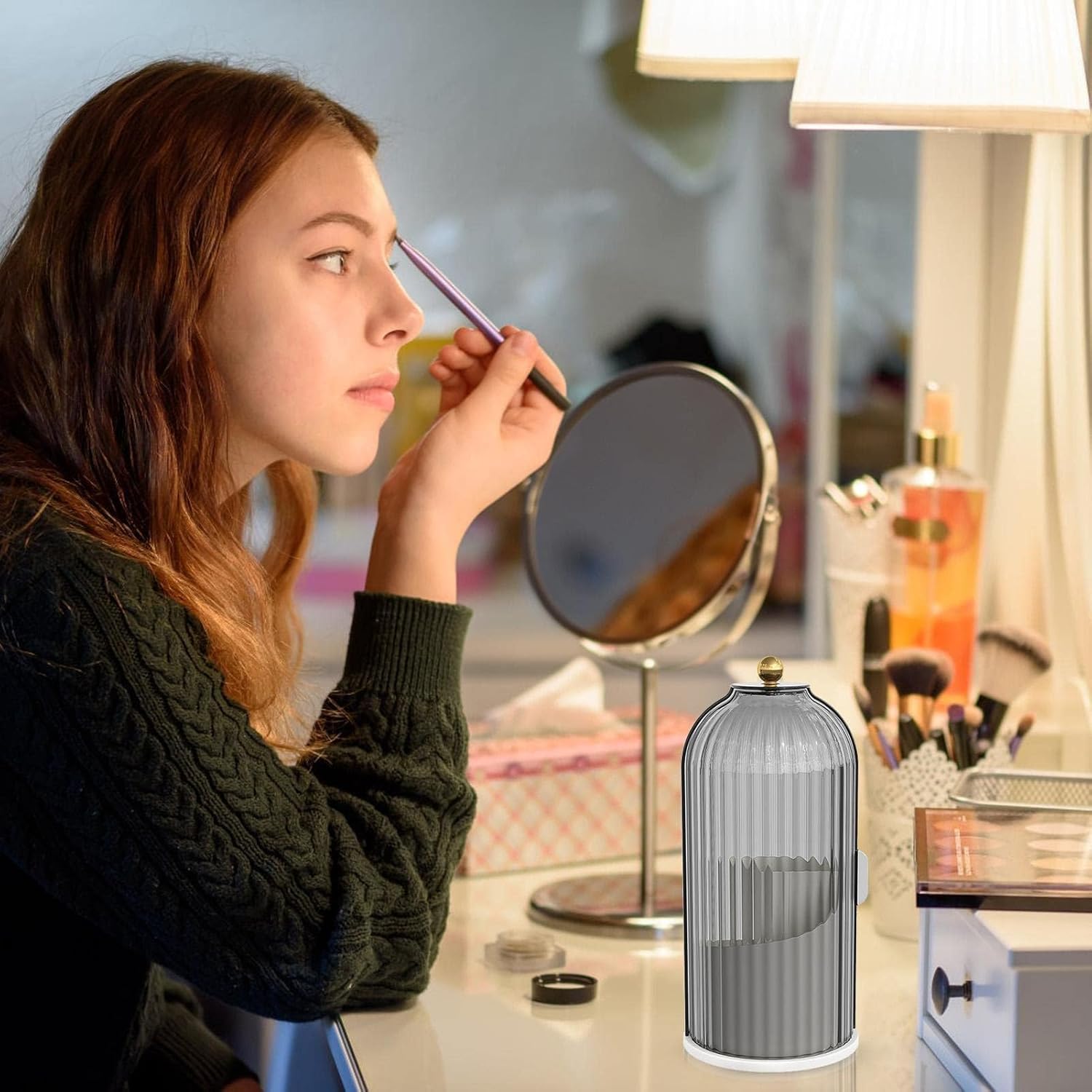 DASHENRAN Soulona – Organizador de maquillaje, elegante organizador de maquillaje giratorio de 360, organizador de brochas de maquillaje con tapa,