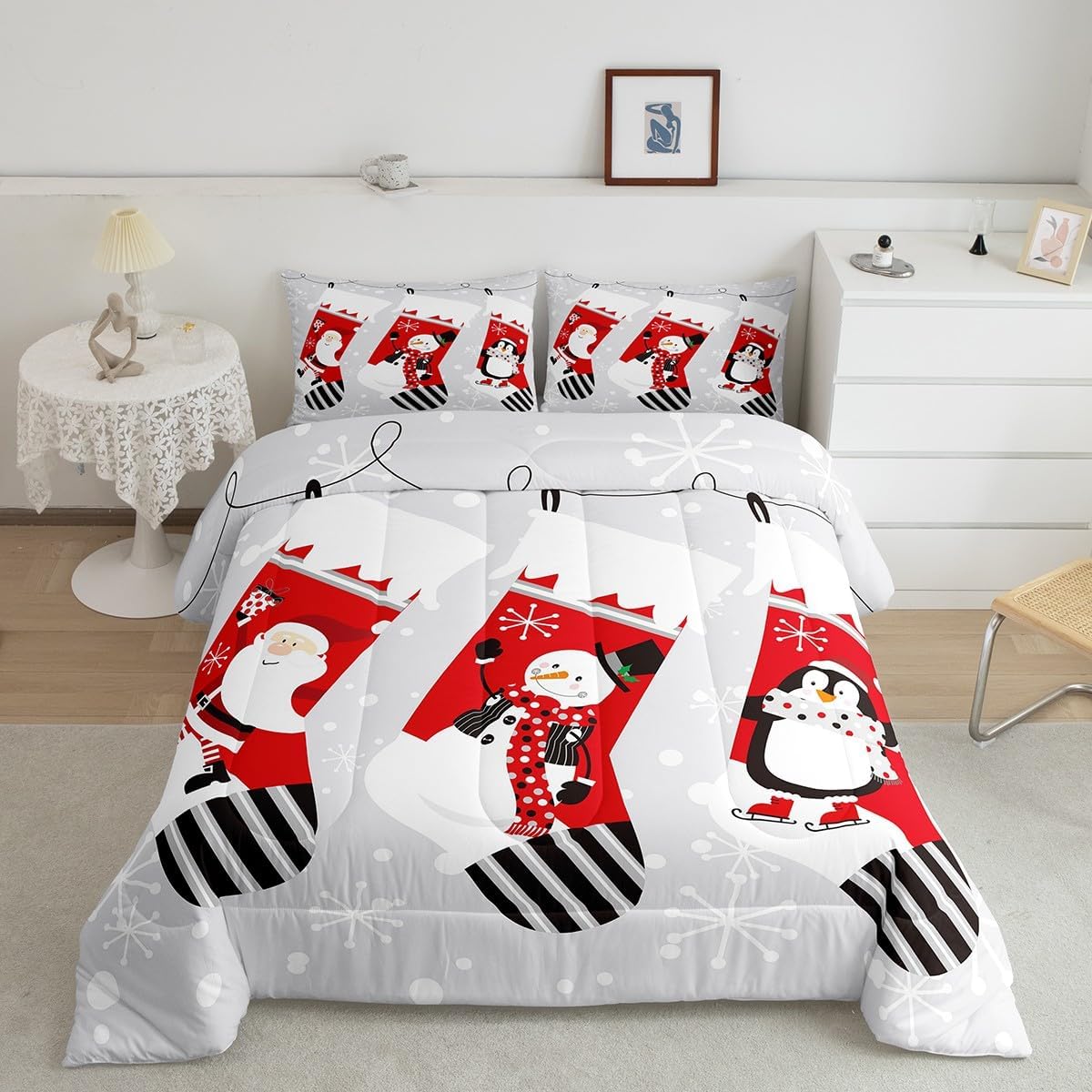 Erosebridal Juego de edredón de calcetines de Navidad para niños, juego de edredón de Papá Noel, ropa de cama de Navidad, muñeco de nieve, pingüino,