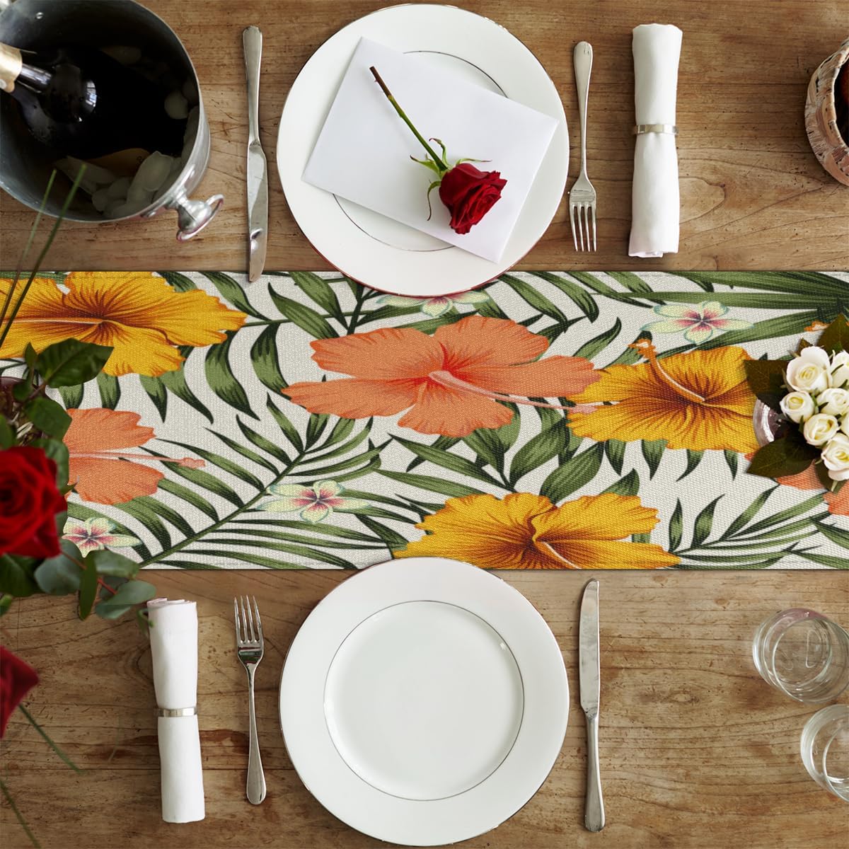 Table Runner Tropic Flowers Leaf, Autumn Rustic Linen Table Cloth Kitchen Dining Table Decor for Home Party 13 x 72 Inches