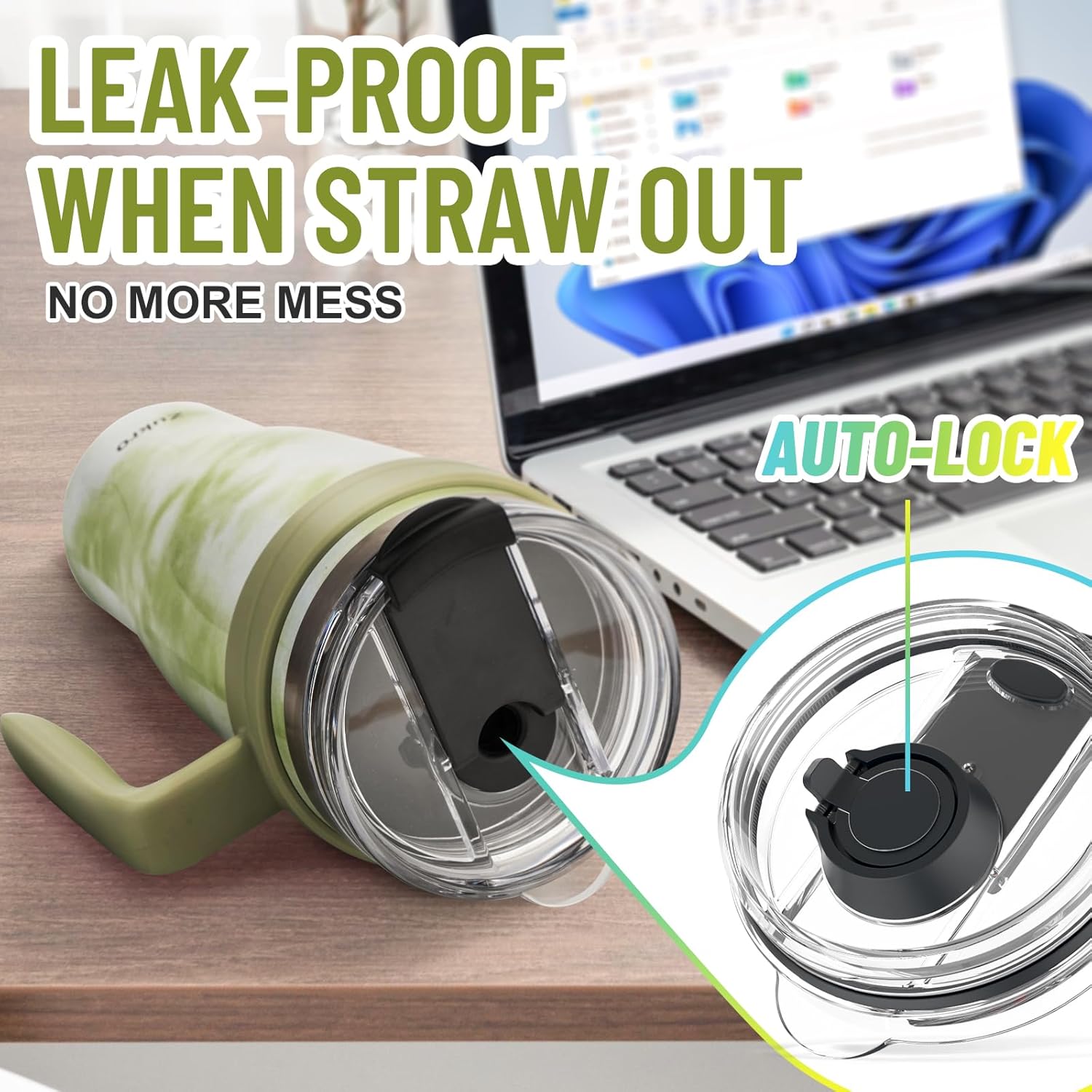 Zukro Vaso de 40 onzas con asa y popote, vaso aislado de acero inoxidable de doble pared con tapa abatible 2 en 1, 100% a prueba de fugas, mantiene