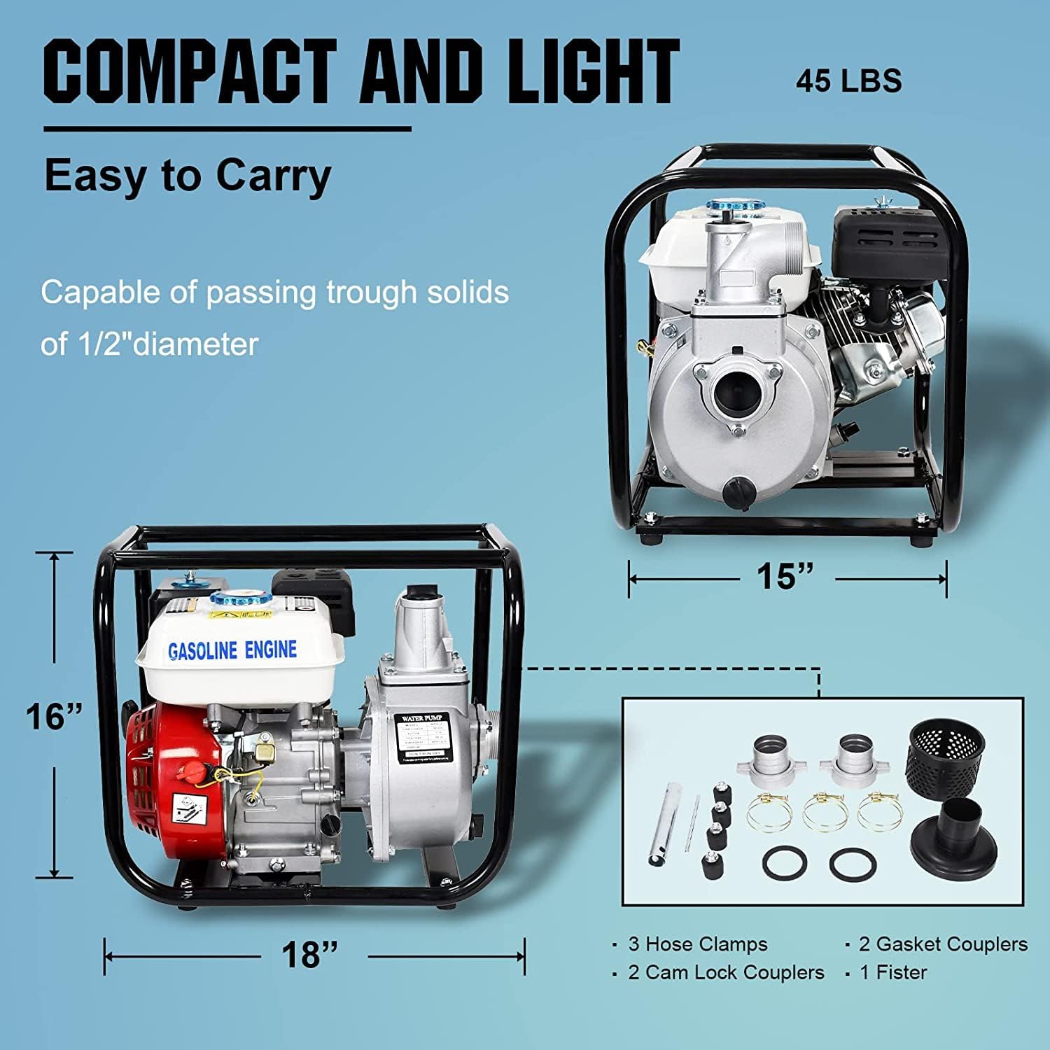 DC HOUSE Bomba de agua semi-basura de 2 pulgadas y 6.5 HP de 4 tiempos, 212cc 4 ciclos 158GPM alto caudal de succión de 26.2 pies de elevación de